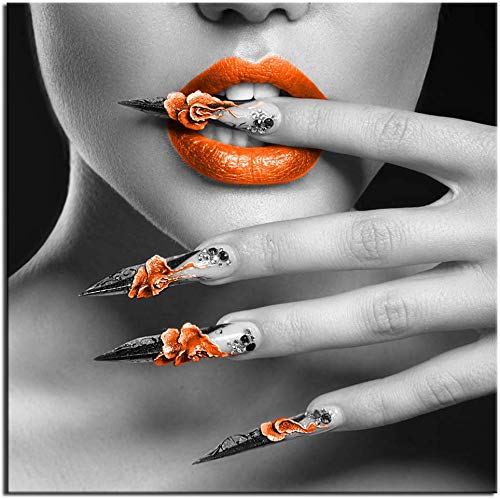 Biuteawal - Elegant Fashion Woman Wall Art with Orange Lips & Nails - Framed Makeup & Manicure Poster for Spa, Bedroom, Beauty Salon - 32x32 Inch Ready to Hang Decor - Perfect for Home, Office & Retail Spaces