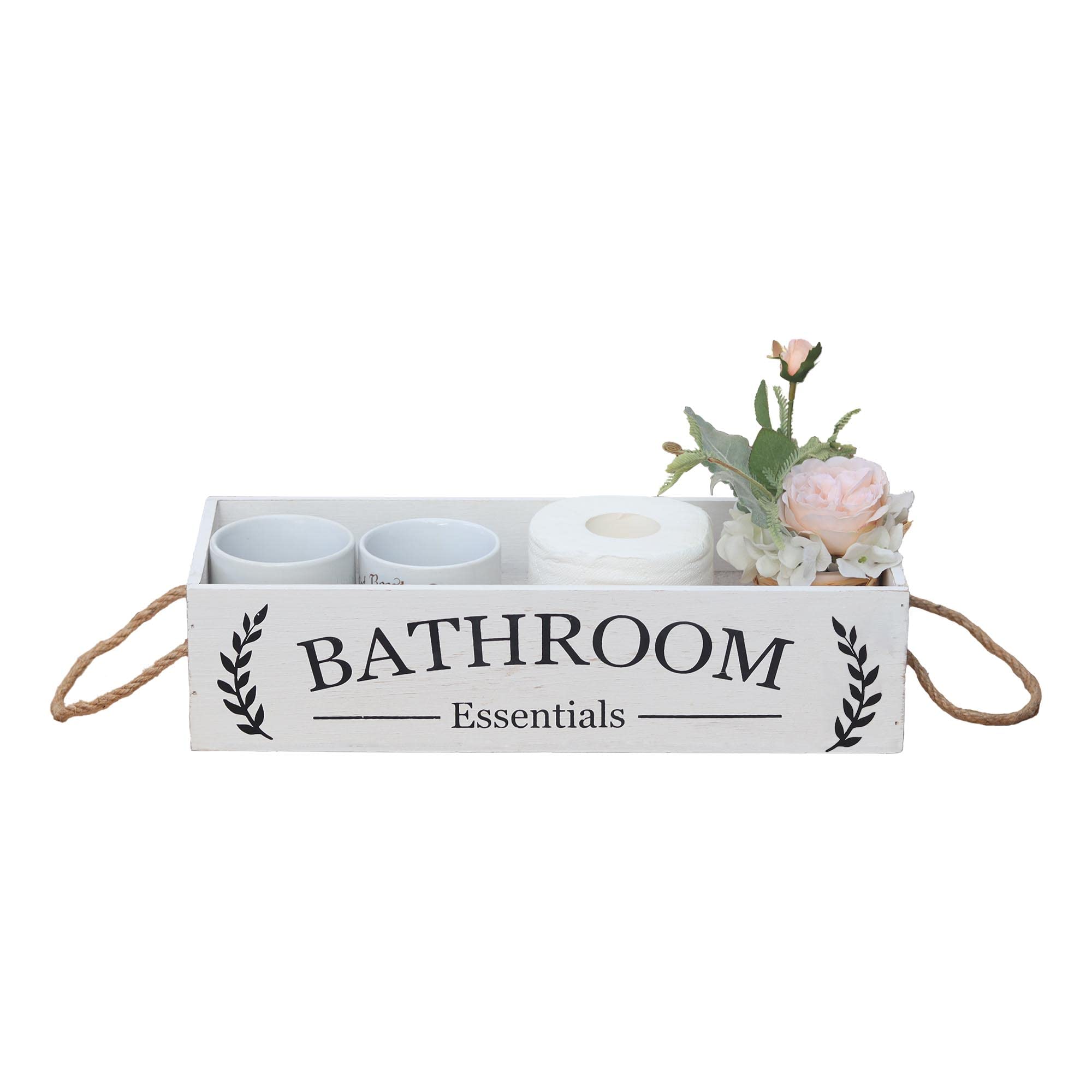 Rustic Farmhouse Wooden Bathroom Storage Box - Over The Toilet Organizer with Rope Handle, Distressed White Finish - Perfect for Toilet Paper Storage, Bathroom Decor & Small Space Organization