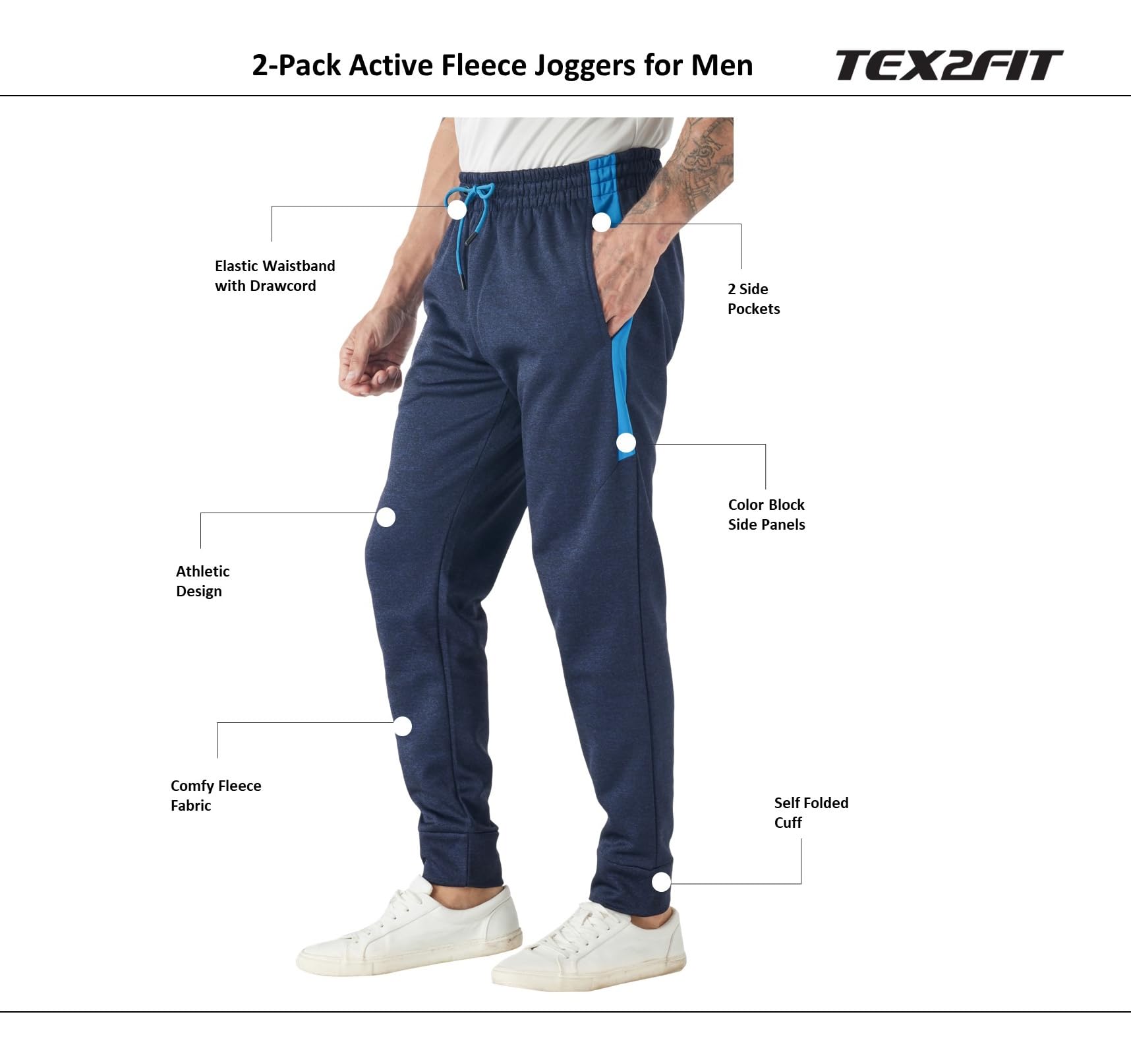 TEX2FIT 2-Pack Men's Active Fleece Joggers with Side Pockets - Soft Comfortable Workout Pants for Running, Gym & Lounge (Black, 2-Piece Set) - Perfect for Jogging, Yoga & Casual Wear