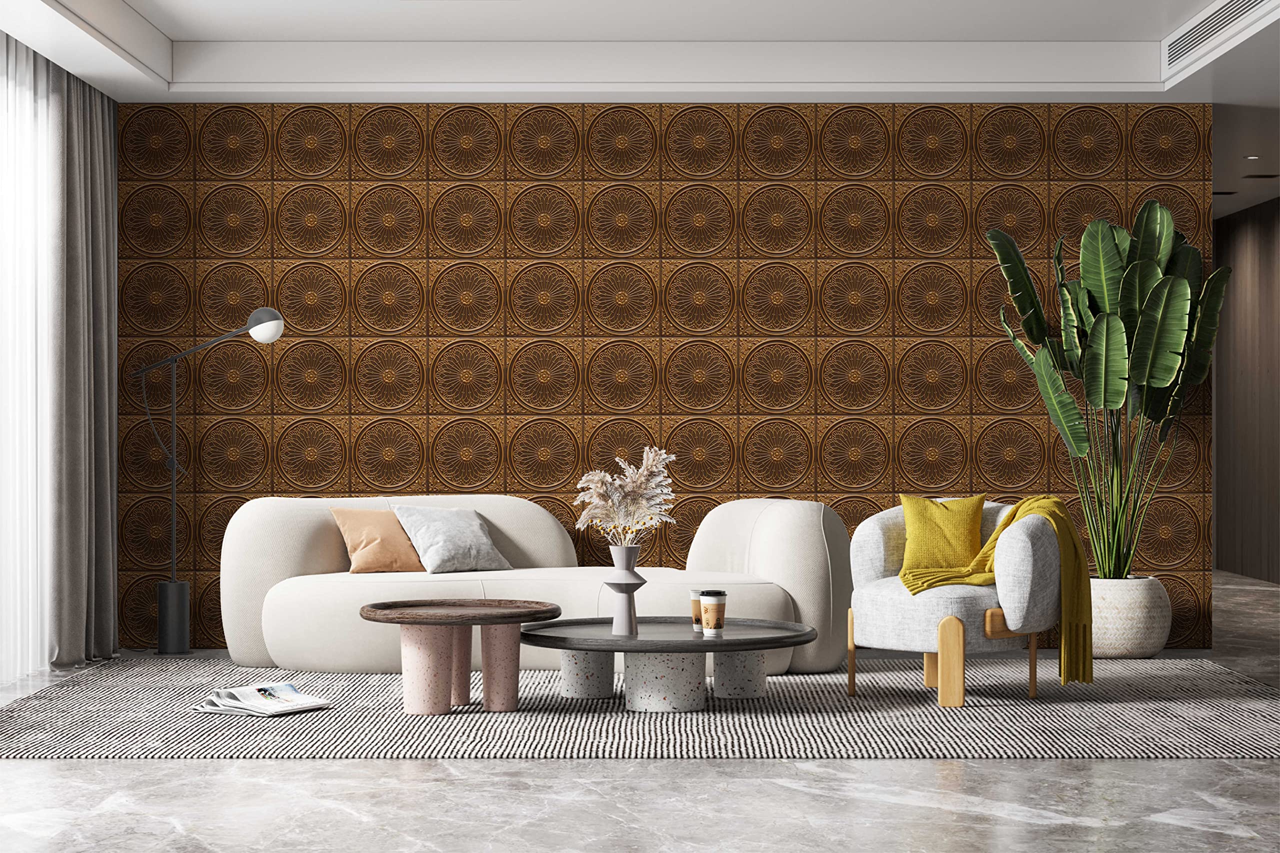 Premium PVC 3D Decorative Ceiling Panel - Rustic Floral Antique Gold Design, 2ft x 2ft (60cm x 60cm), Pack of 10 | Easy Glue Up or Lay In Installation for Home, Office & Commercial Spaces