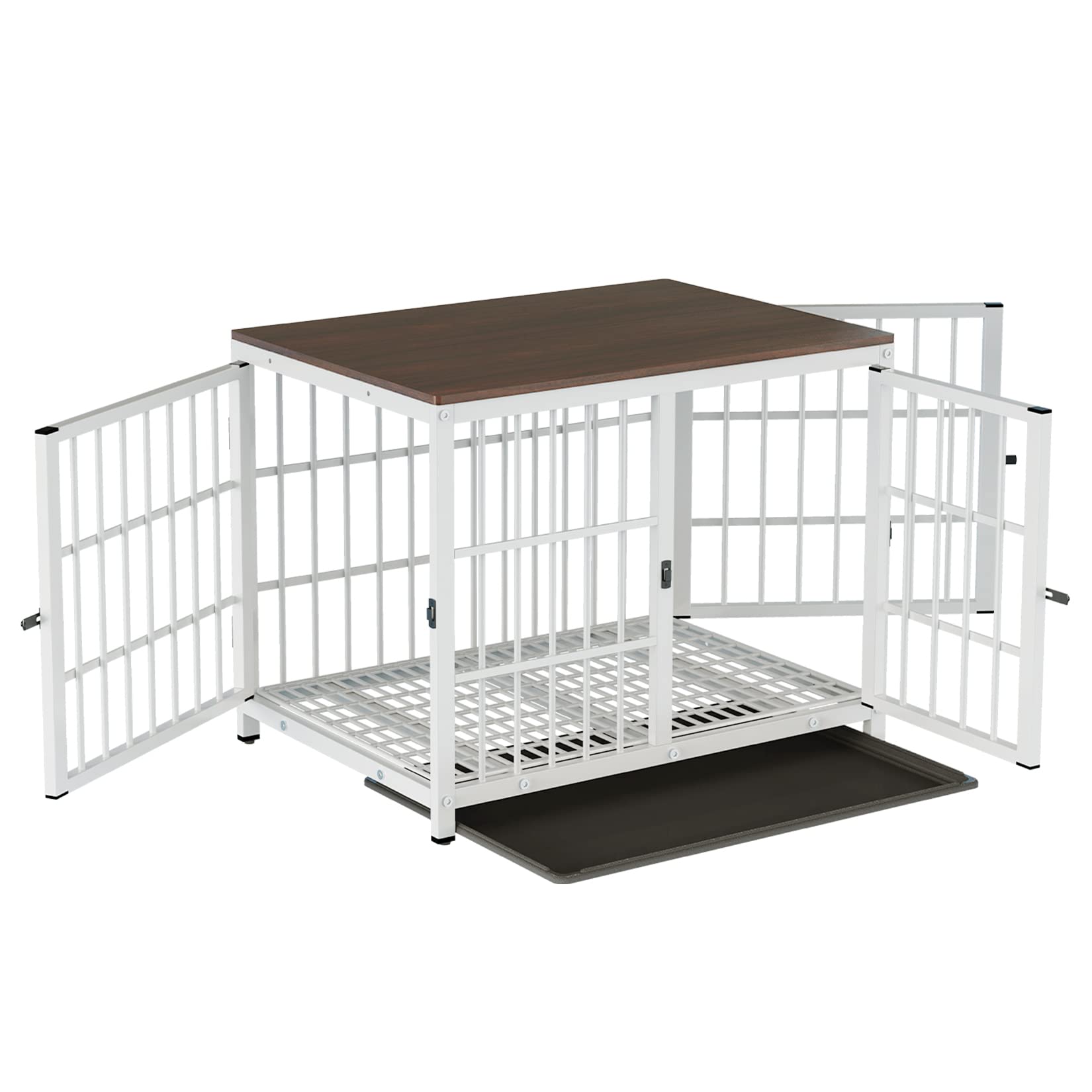 Heavy Duty 36-Inch Large Dog Crate Furniture - Wooden Metal Wire Kennel with 3 Doors & Removable Tray - Indoor Training Playpen for Medium to Large Dogs - White | Perfect for Living Room, Bedroom, or Office Decoration & Pet Safety