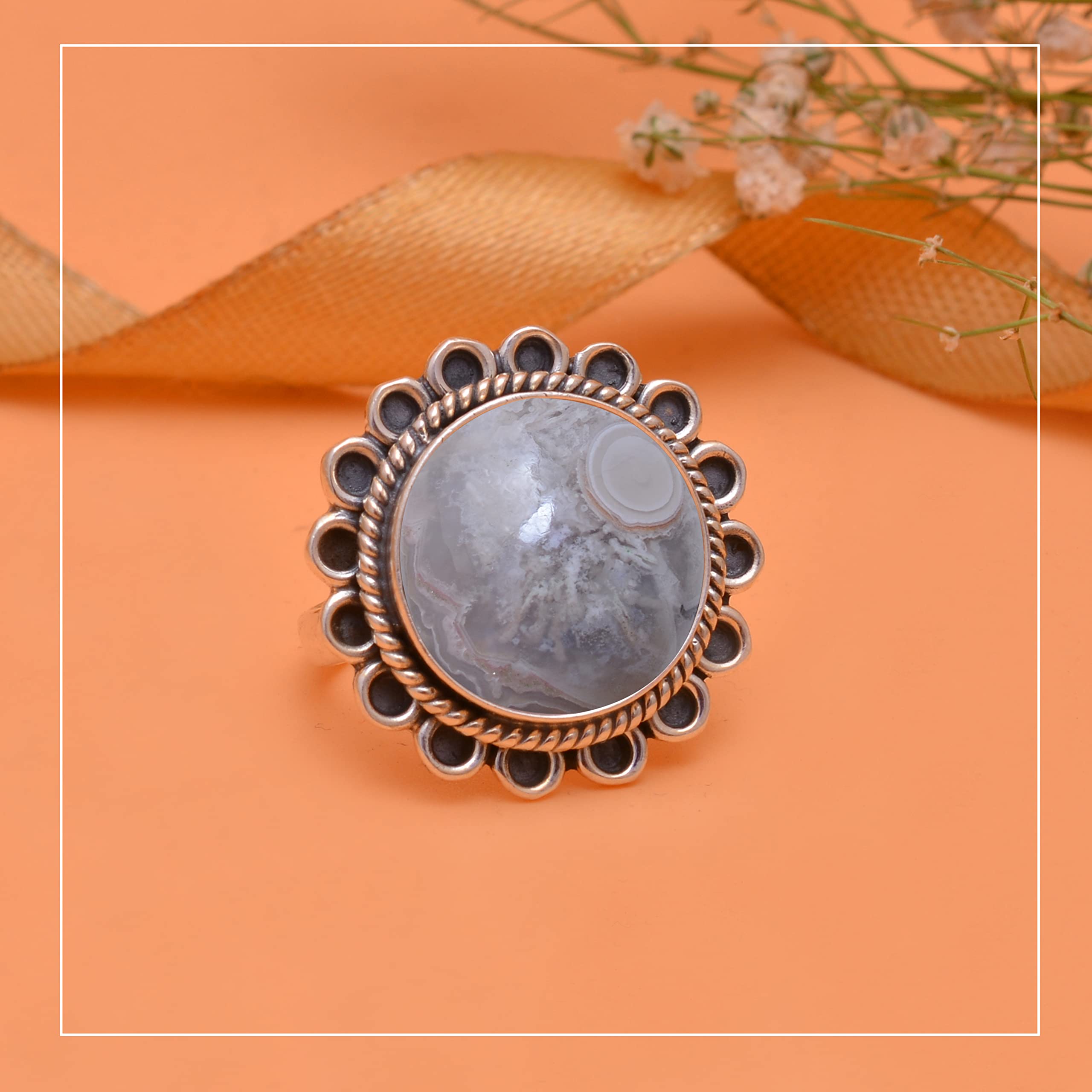 Veracity Jewelry Crazy Lace Agate Rings for Women - 925 Sterling Silver Healing Meditation Rings with Natural Brown White Gemstone - VSR-670 | Spiritual Jewelry, Yoga Accessories, Gift for Her