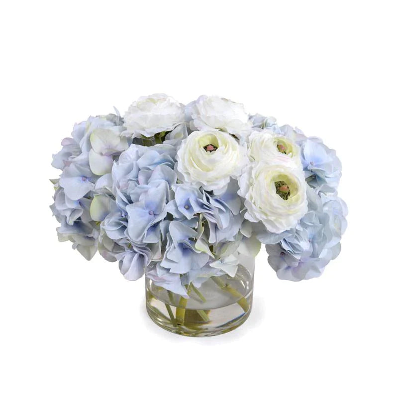Blue and White Hydrangea and Ranunculus Floral Arrangement in Glass Vase - Perfect for Weddings, Home Decor, and Gift Giving
