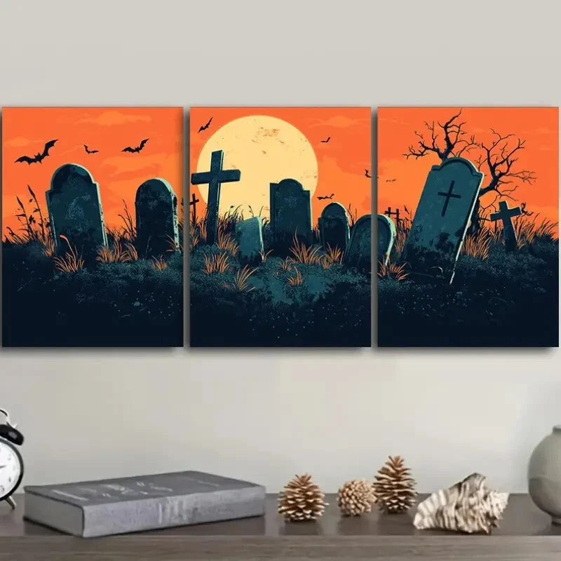 3pcs Eerie Graveyard Scene Metal Wall Art with Bats & Full Moon - Gothic Halloween Decor for Home, Office & Party (Ready to Hang)