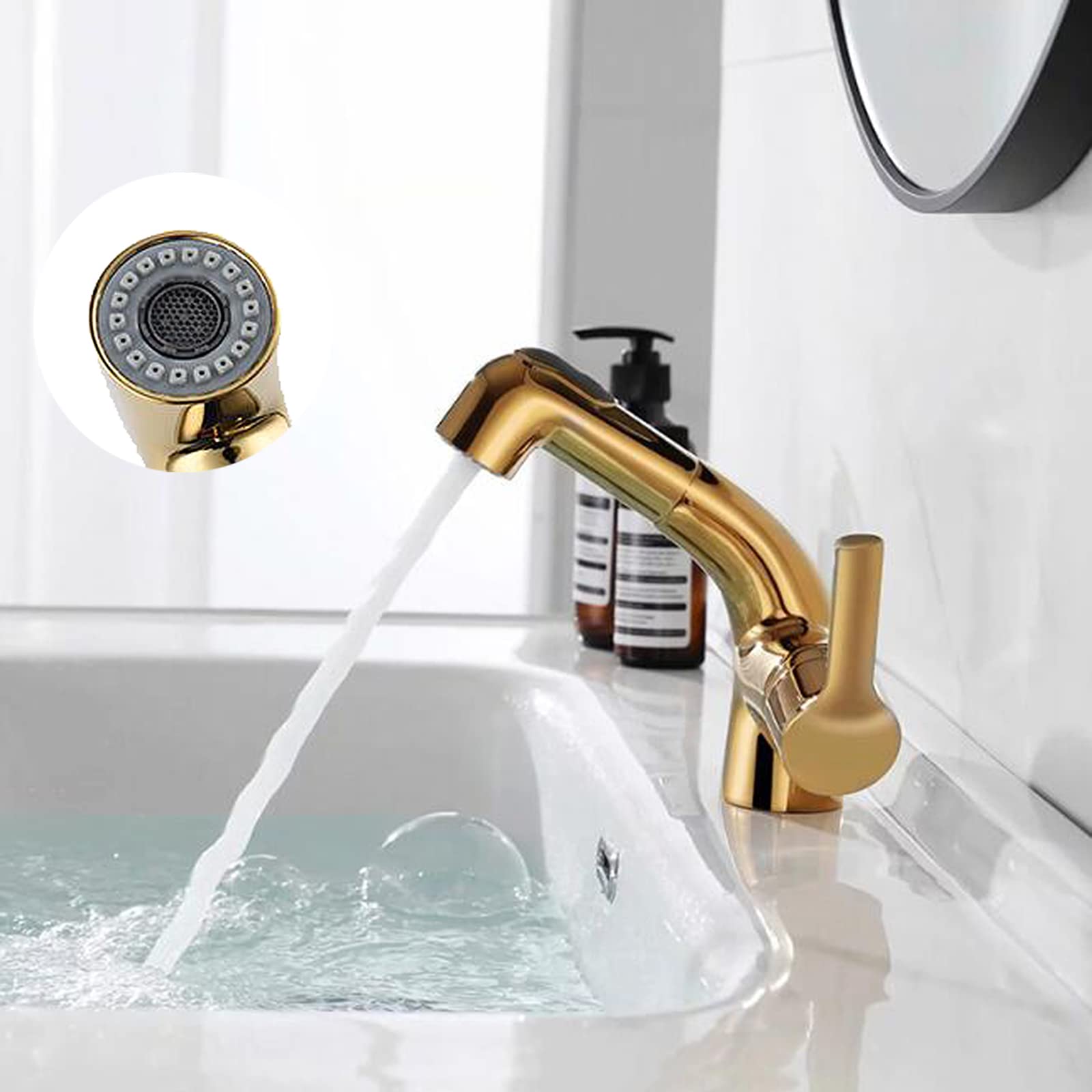 **Pull-Out Sprayer Bathroom Faucet - 2 Spray Modes, Brass Gold Finish for Vanity Sink, Vessel Sink & Washbasin | Perfect for Modern Bathrooms & Lavatories**
