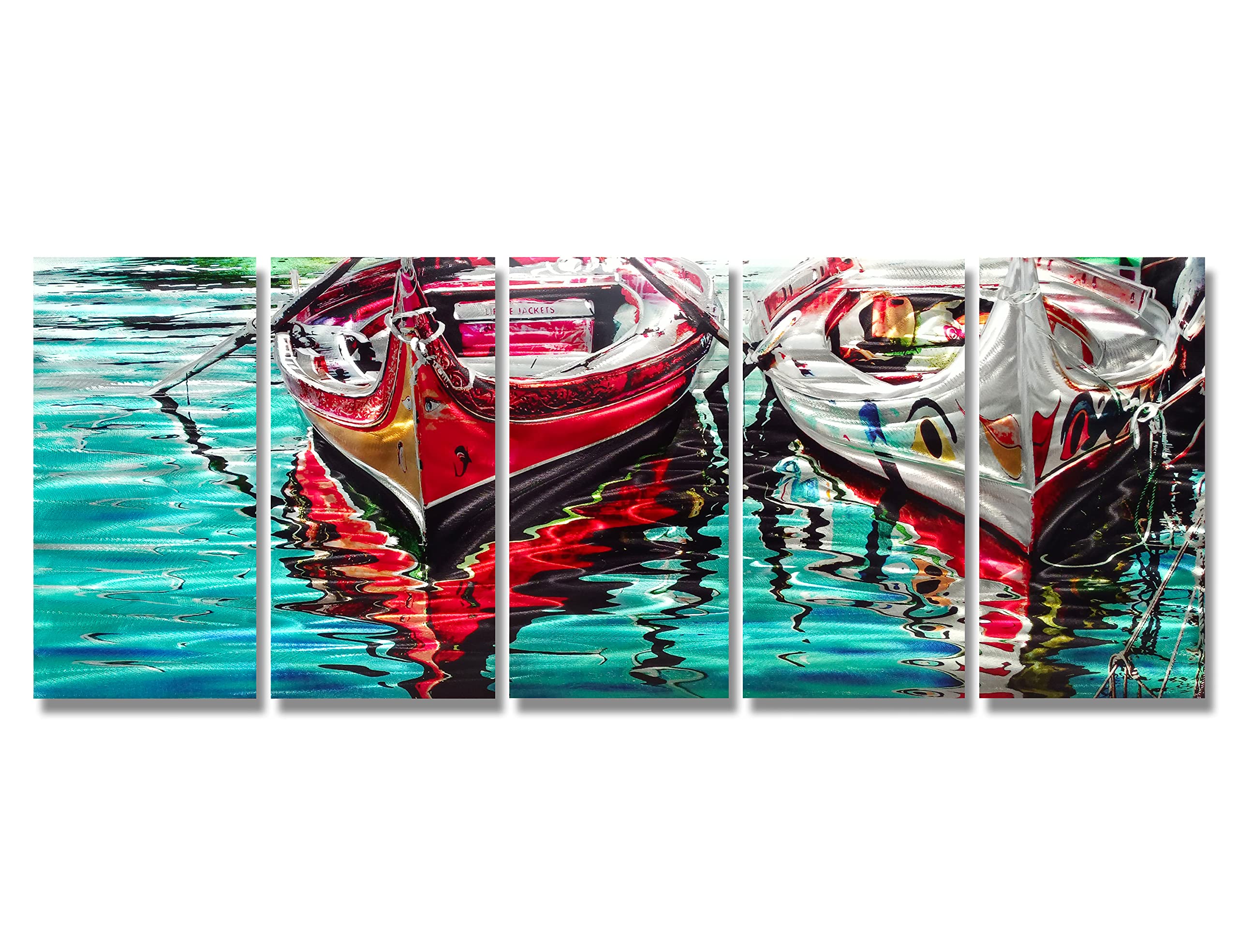 BATRENDY ARTS Coastal Beach Metal Wall Art - Set of 5 Aluminum Boat Paintings with 3D Look in Turquoise & Red | Ready-to-Hang Sculpture for Living Room, Bedroom, or Office Decor | Nautical Home Accent for Beach House & Coastal Style Interiors