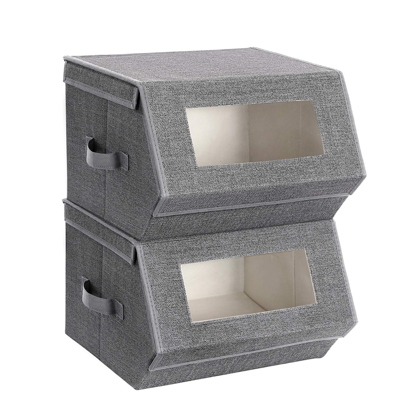SONGMICS 2-Pack Stackable Storage Bins with Lids, Clear Front Window & Magnetic Closure - Non-Woven Fabric Closet Organizers with Side Handles, Dark Gray URPLB02G - Perfect for Bedroom, Closet & Office Organization