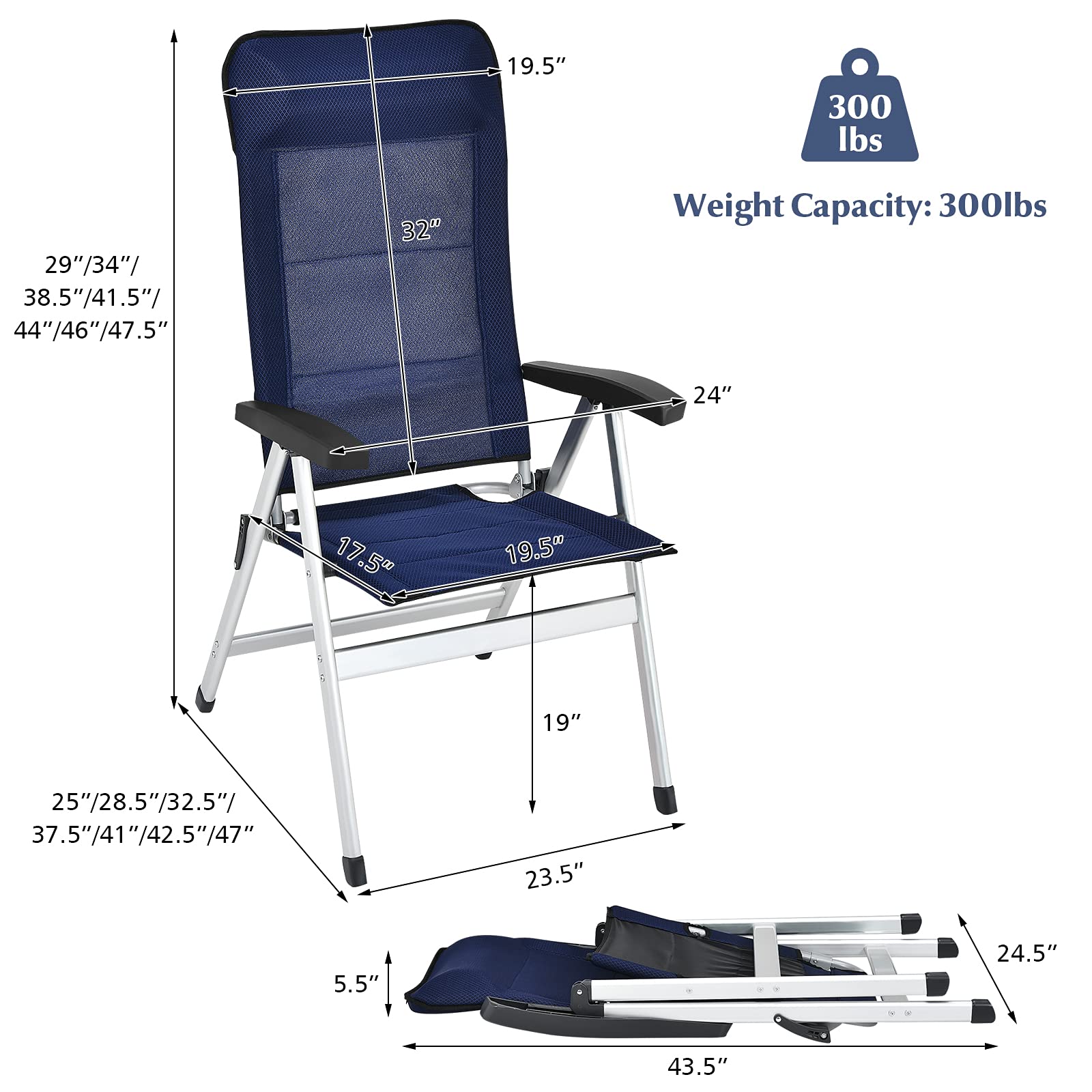 Giantex Set of 2 Folding Outdoor Patio Chairs - Adjustable High Back Recliner with Headrest & Armrests, 7-Level Camping Lawn Chairs for Porch, Balcony, Backyard & Beach - Durable & Comfortable Blue Furniture