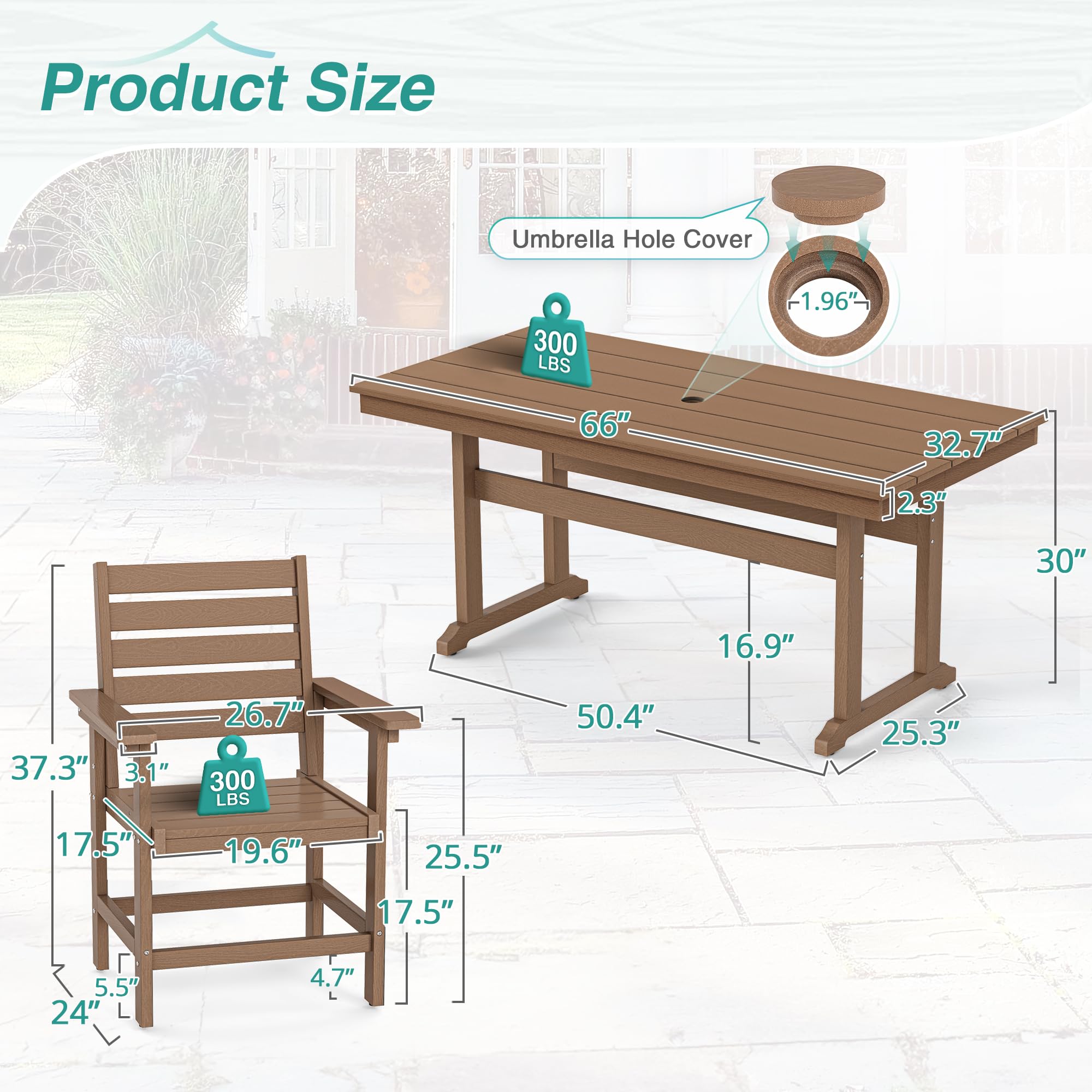 7-Piece HDPE Weather-Resistant Outdoor Dining Set with Umbrella Hole - Rectangle Patio Table & 6 Chairs - Light Brown Balcony Furniture for Backyard, Garden & Poolside Gatherings