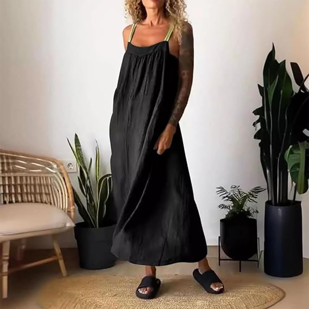 Women's Cotton Linen Sling Dress - Sleeveless Plus Size Summer Sundress with Pockets | Casual Beach Wear, Vacation Outfit & Boho Chic Dress for Women