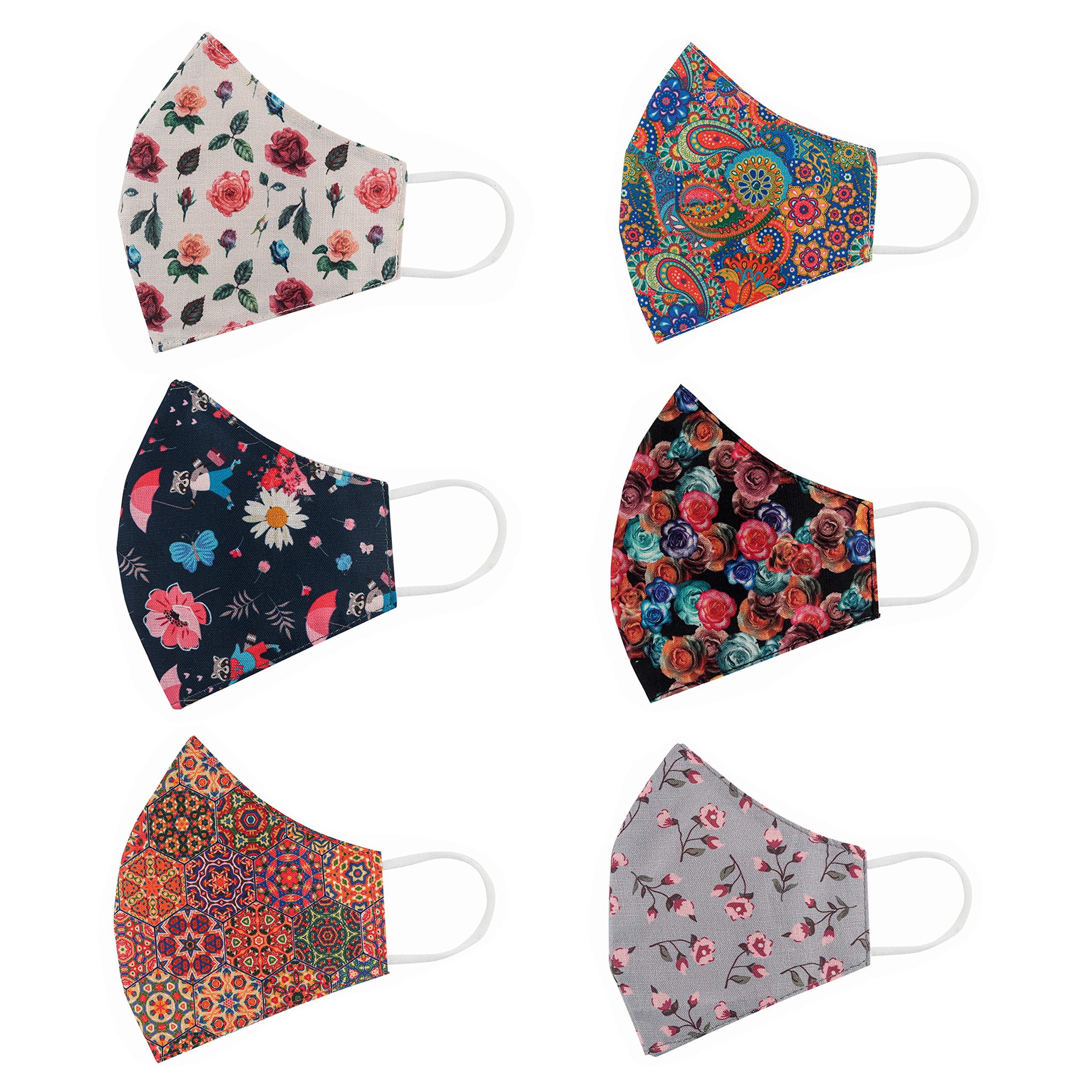 STAR WORK Reusable Adjustable Washable Cotton Face Masks for Adults - 6 Pack Fashion Floral Design - Perfect for Daily Use, Travel & Outdoor Activities
