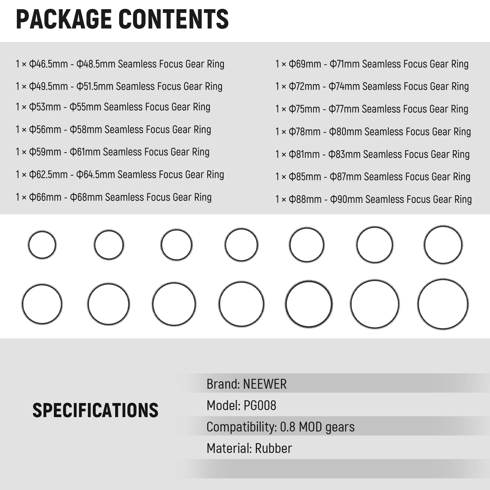NEEWER PG008 14-Piece Seamless Follow Focus Gear Ring Set for DSLR & Mirrorless Cameras - Professional Video Filmmaking Accessories for Smooth Focus Pulling in Cinematic Shots