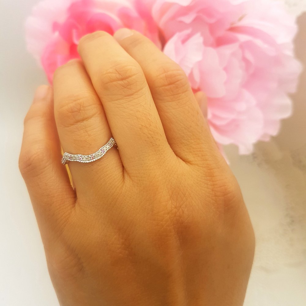 Dazzlingrock Collection Round Genuine Pink Sapphire & White Diamond Stackable Wedding Anniversary Ring for Women, Sterling Silver - Perfect for Bridal, Engagement, and Special Occasion Jewelry Gifts