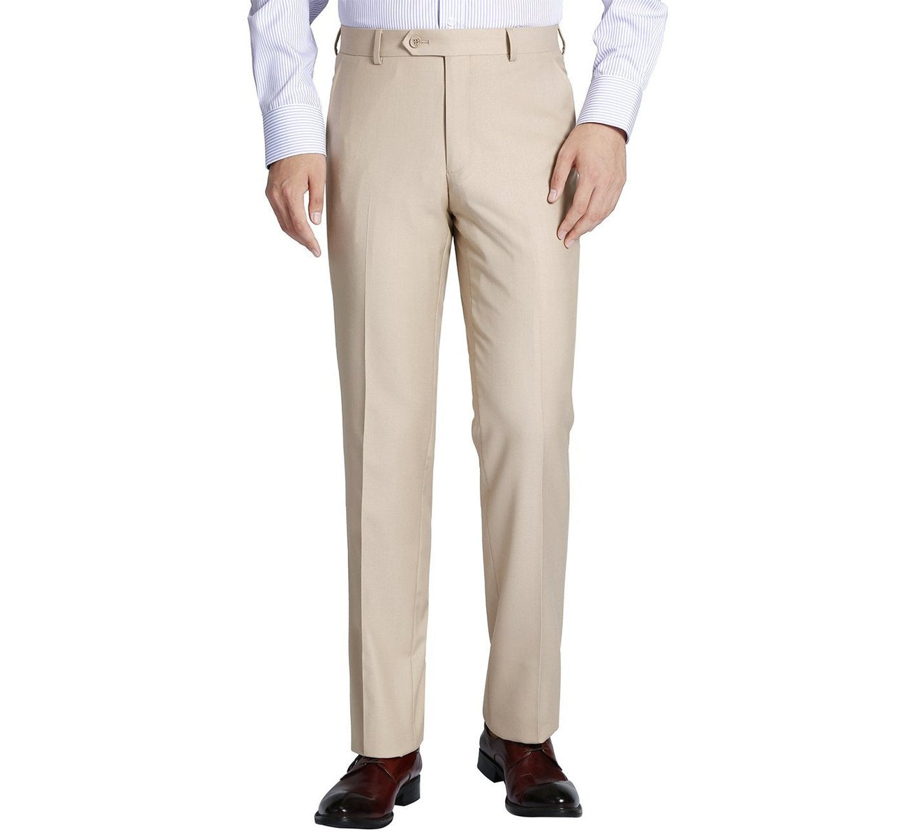 Alessandro Vitello by Renoir Beige Slim Fit Flat Front Dress Pants for Men | Premium Business Suit Separates | Perfect for Office, Weddings & Formal Events