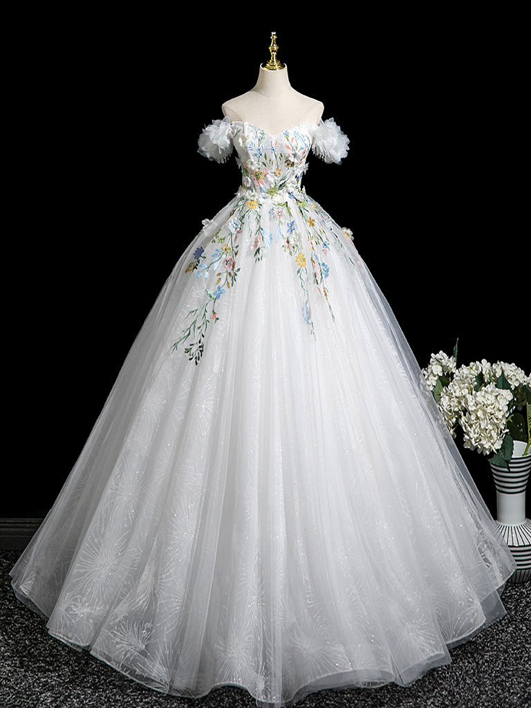 Elegant A-Line Tulle Lace White Long Prom Dress & Evening Gown - Perfect for Homecoming, Formal Dances, Weddings and Special Occasions