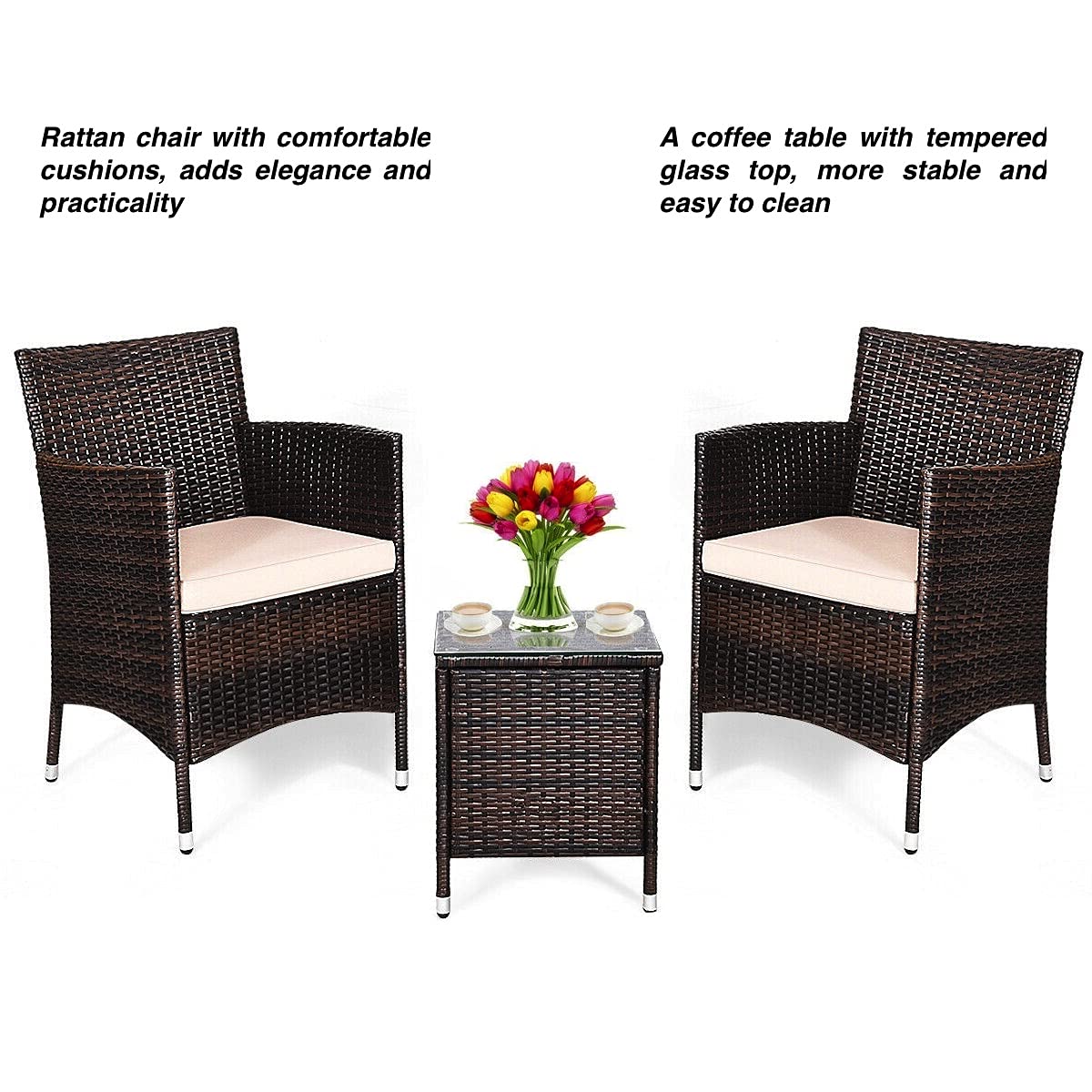 3-Piece Outdoor Patio Furniture Set with 2 Rattan Chairs & 1 Tempered Glass Coffee Table - Beige Cushions for Backyard, Deck, Balcony, Poolside & Outdoor Living Spaces - Perfect for Relaxing, Entertaining & Enjoying Nature
