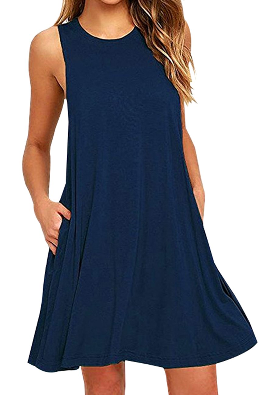 OMZIN Women's Sleeveless Swing Dress - Flared Tank Mini Dress with Pockets for Summer | Casual Wear, Beach Outfit, Vacation Dress, Party Dress