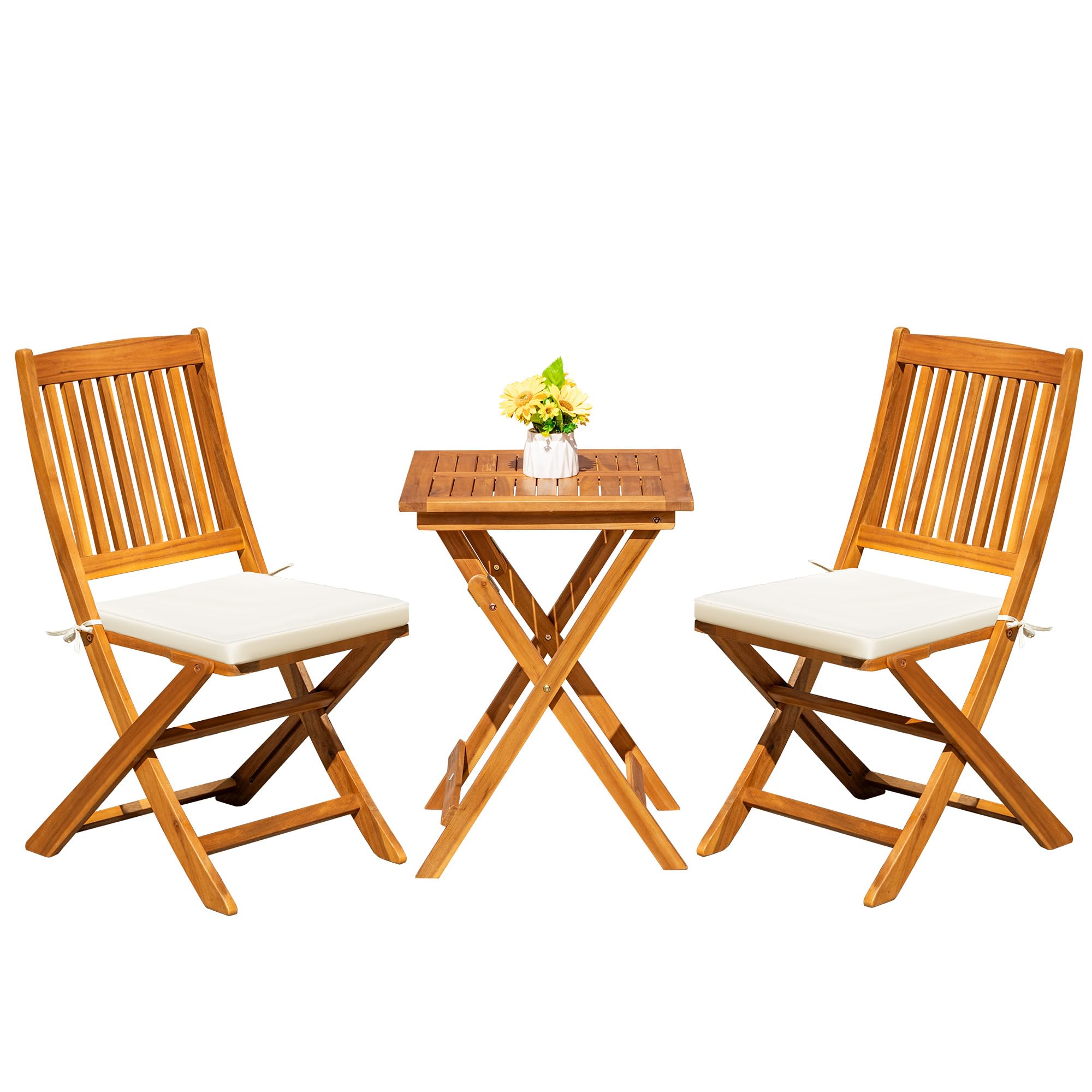 Greesum 3-Piece Acacia Wood Patio Bistro Set with 2 Cushions - Foldable Outdoor Furniture for Poolside, Beach, Backyard, Balcony, Porch & Garden - Perfect for Relaxing & Entertaining Guests Al Fresco