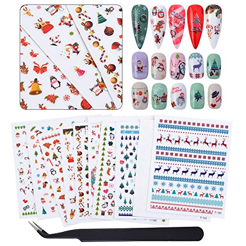 MEILINDS Christmas Nail Art Stickers - 3D Self-Adhesive Nail Decals with Snowflakes, Snowman & Santa Designs (10pcs) for Holiday Parties & Winter Nail Art