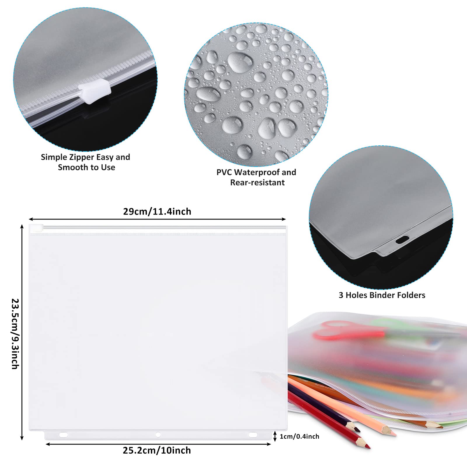 Zonon 30-Pack Clear PVC 3/6 Ring Binder Zipper Pouch - Waterproof A4 Loose Leaf Filing Folders with Transparent Zippers for School, Office & Document Organization