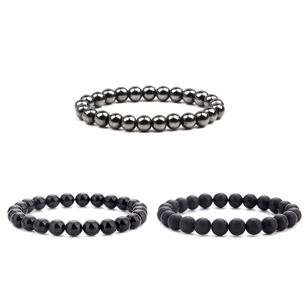 Natural Lava Rock Beads Bracelet Set for Men & Women - Stretchable Adjustable Braided Rope Gemstone Elastic Bracelets (3-Piece Set) for Meditation, Yoga, Fashion & Gift Giving