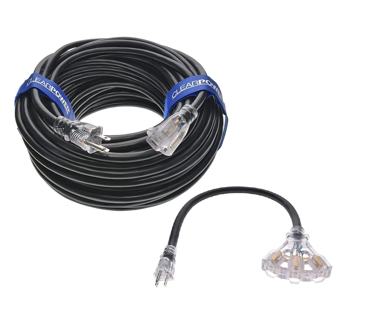 150ft 12/3 SJTW Black Outdoor Extension Cord with Power Indicator Light & 2ft 3-Outlet Adapter - Heavy Duty Weatherproof Power Combo for Patio, Garden, and Construction Sites - CP10223