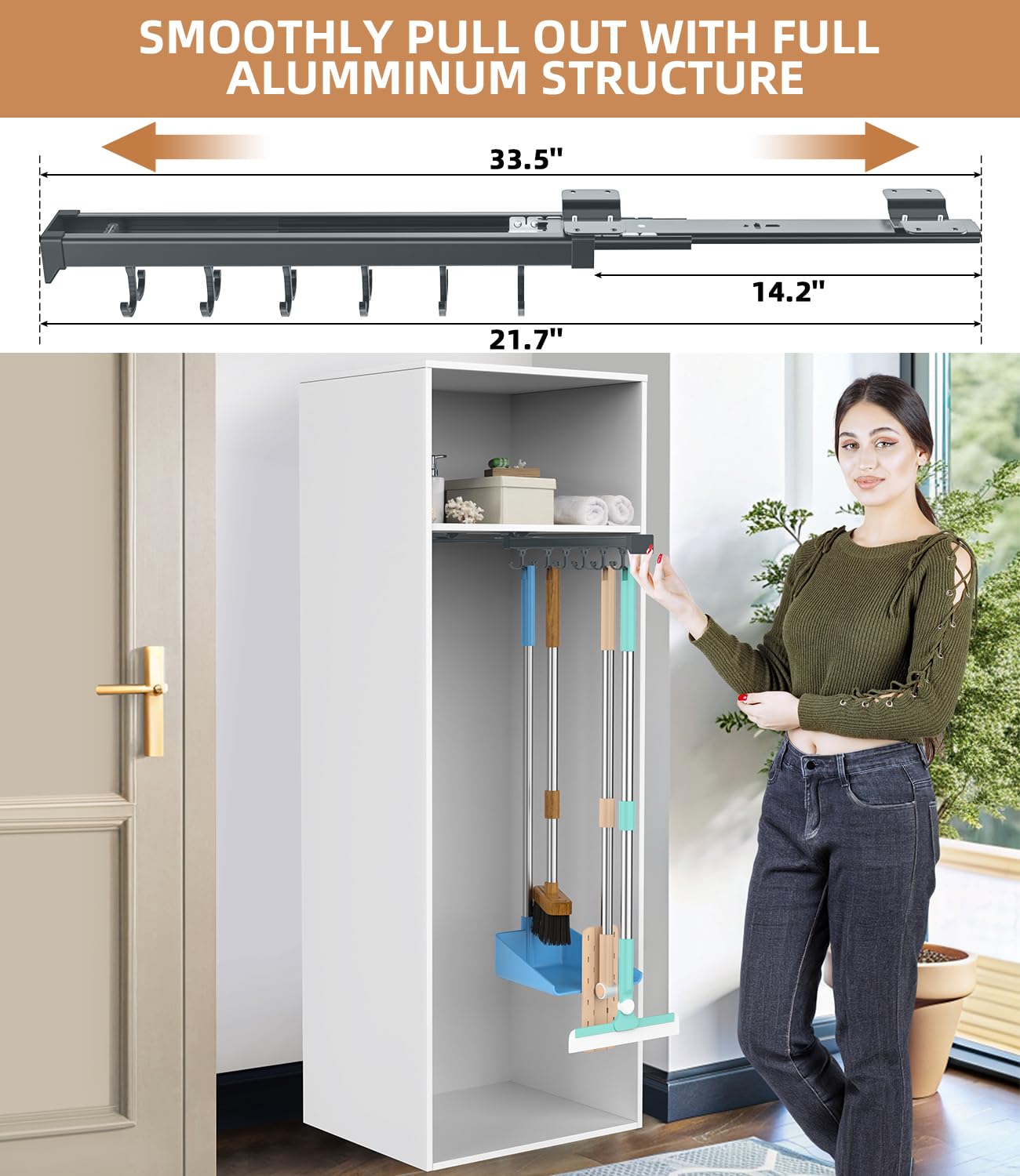 Adjustable Double Row Sliding Hook Broom & Mop Holder - Multifunctional Pull Out Storage Organizer for Garage, Closet & Laundry Room - Dark Grey (36cm) - Perfect for Space Saving Home Organization