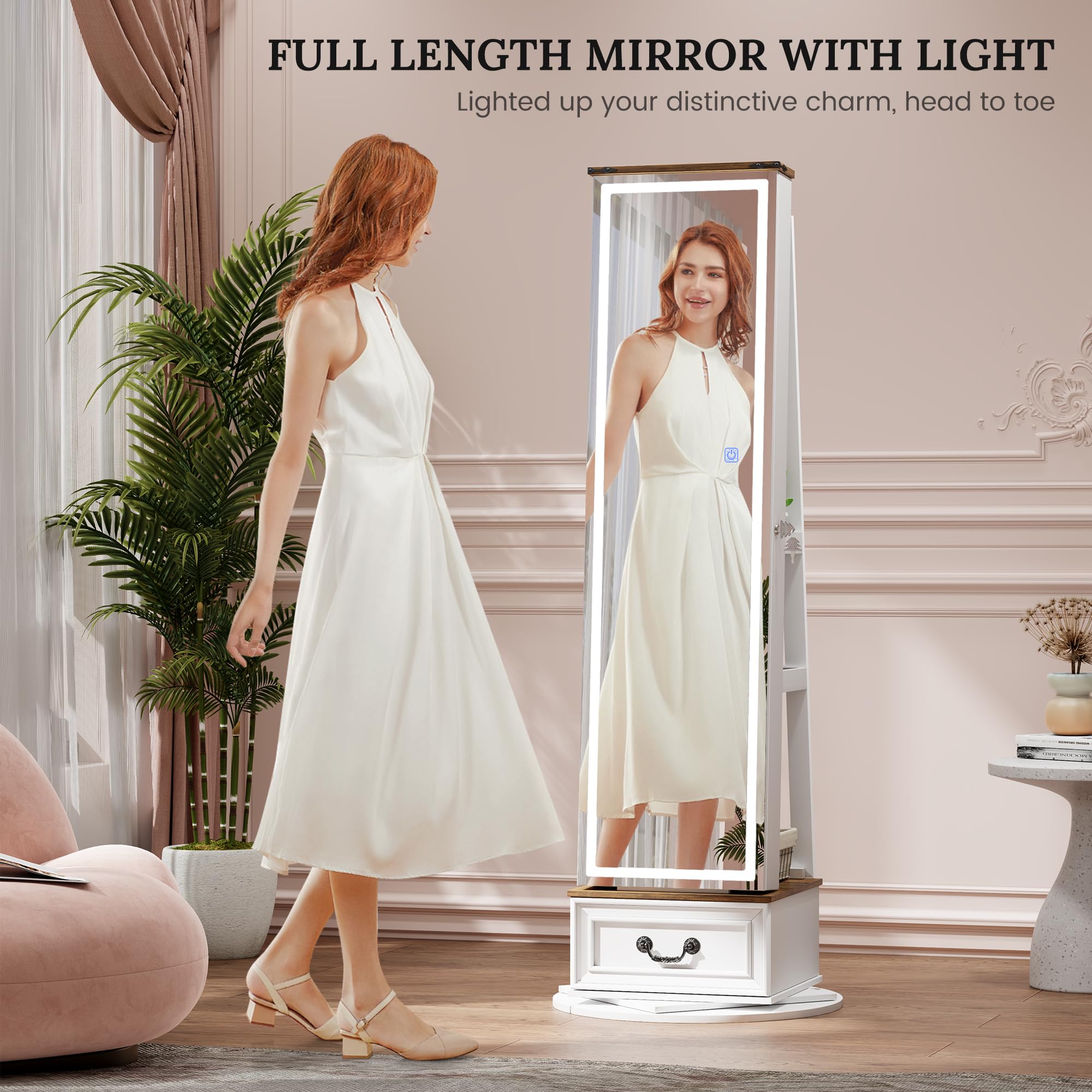 LVSOMT LED Mirror Jewelry Cabinet Standing - 360° Swivel Jewelry Armoire with Full Length Mirror & Storage, Large Wooden Drawer Organizer for Necklaces, Rings, Earrings - Perfect Christmas Gift for Women (Farmhouse White) | Bedroom Vanity, Closet Organization, Dressing Room Decor