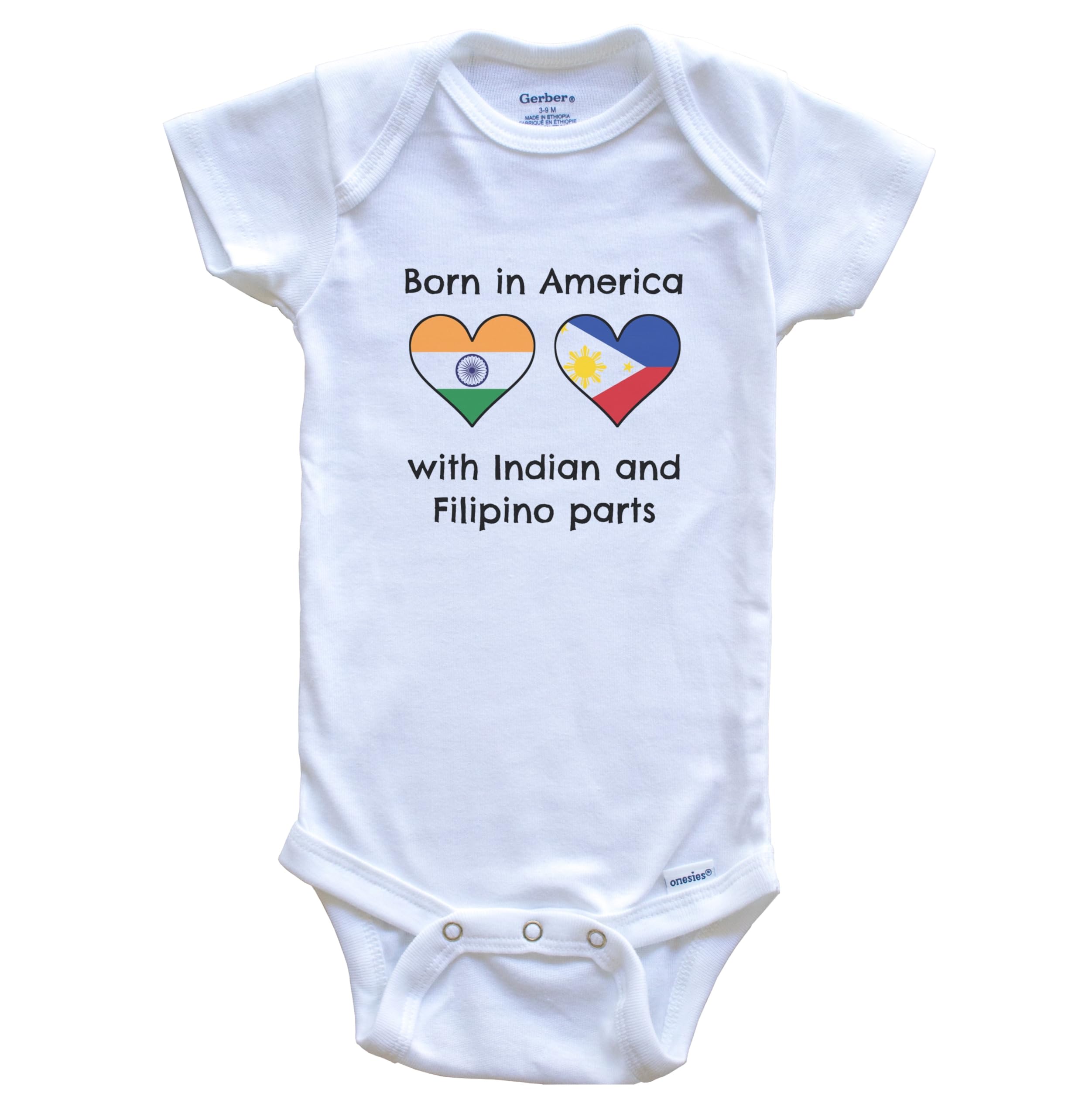 Born in America with Indian and Filipino Heritage - Heart Flags Baby Bodysuit | Cute Cultural Outfit for Newborns & Infants | Perfect for Family Photos, Cultural Celebrations & Multicultural Pride