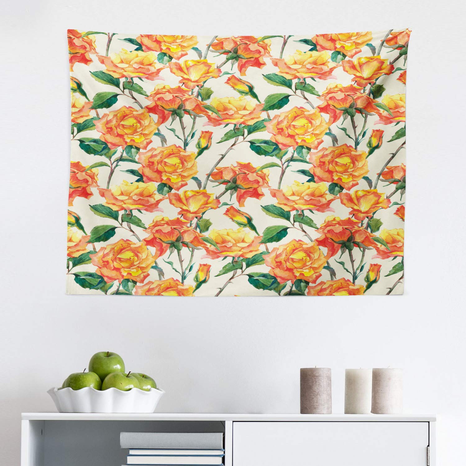 Ambesonne Vintage Rose Tapestry Wall Hanging - 28x23 Inch Floral Bouquet Decor with Cream Orange Green Colors for Bedroom, Living Room & Dorm | Perfect for Boho Home Decor, Wedding Backdrops & Photo Shoot Backgrounds