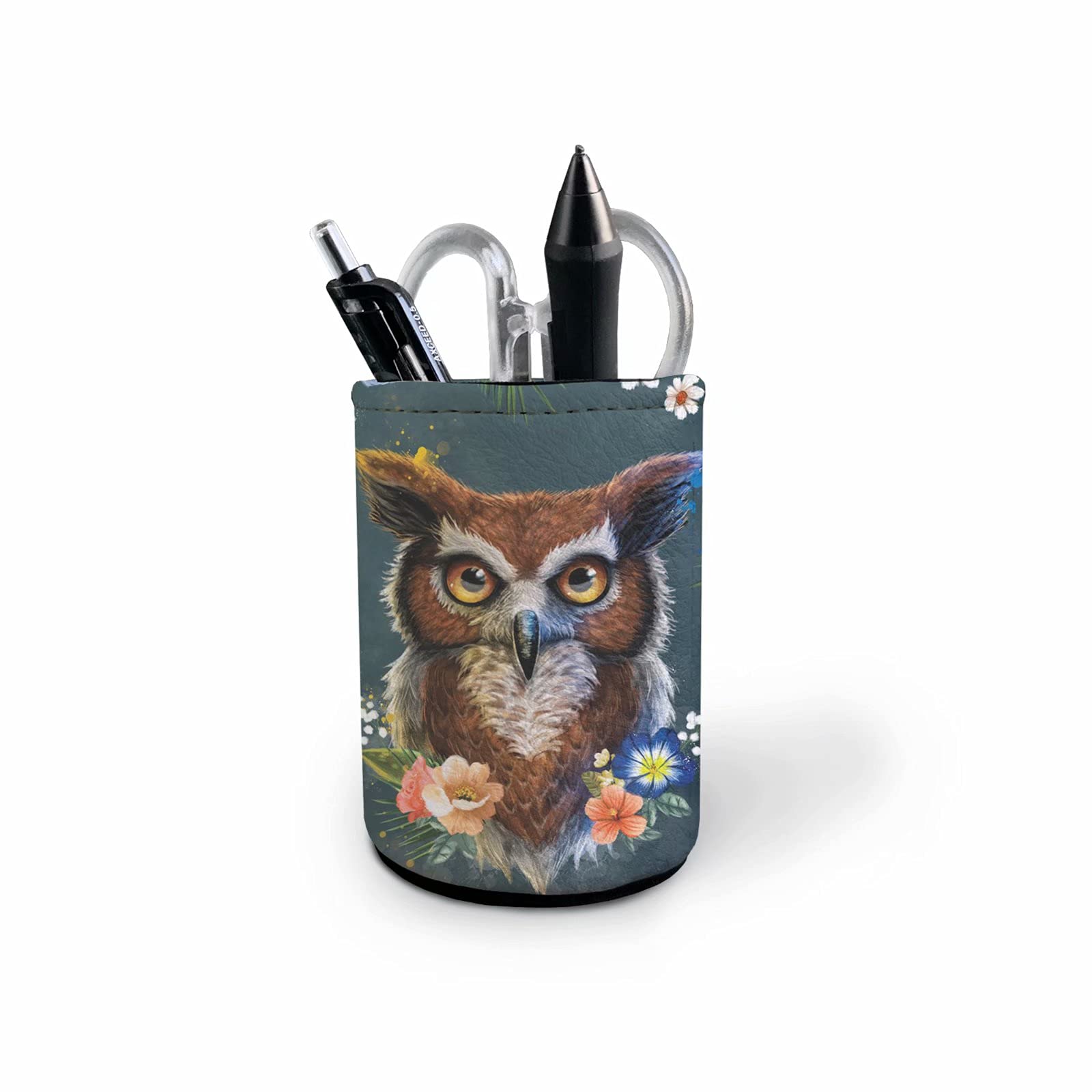 Cartoon Owl Print Pencil Holder & Makeup Brush Organizer - Cute Desk Organizer for Office, School & Home - Perfect Gift for Women, Men & Teens - Durable Multi-Purpose Storage Cup for Stationery, Cosmetics & Office Supplies (Great for Work Desks, Vanity Tables & Study Areas)