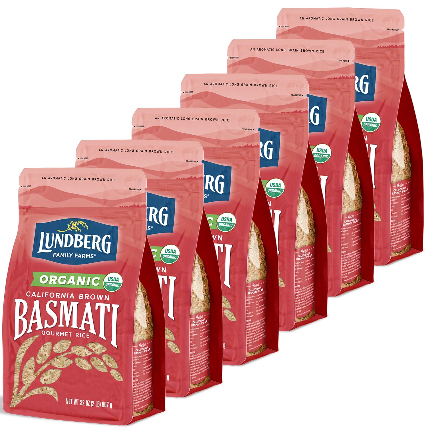 Organic Lundberg Basmati Brown Rice - Long Grain, Non-Sticky & Fluffy Aromatic Rice Grown in California | 32 Oz (Pack of 6) | Perfect for Meal Prep, Healthy Cooking & Pantry Staples | Includes Free Chip Clip