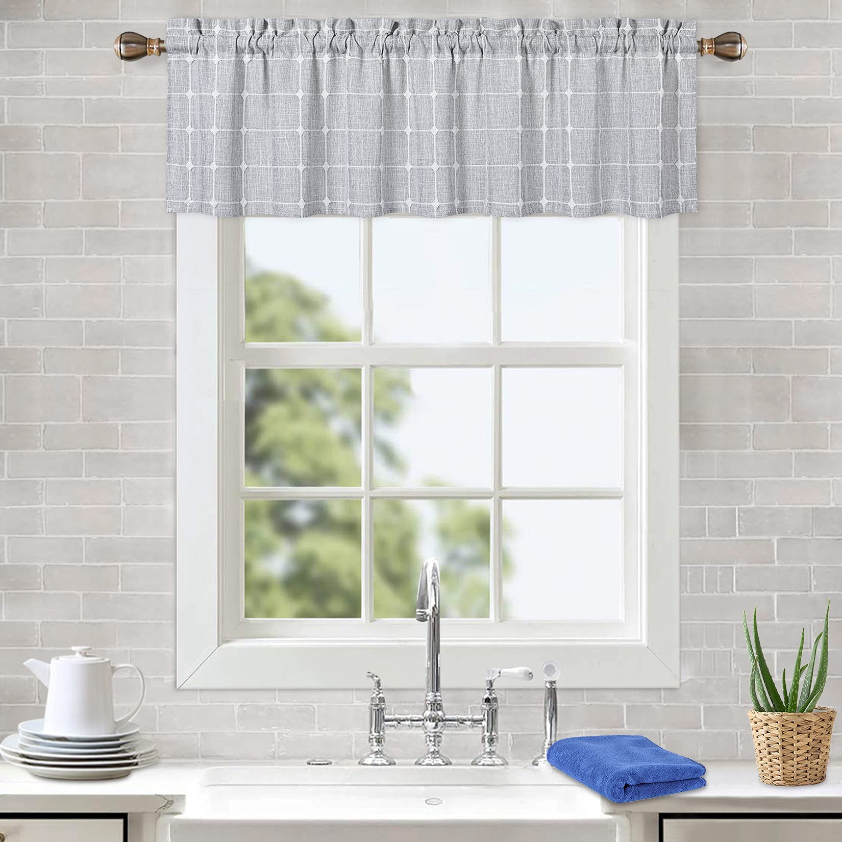 CAROMIO Farmhouse Window Valances - Boho Gingham Linen Curtains for Kitchen & Bedroom (Grey, 52x15 Inches) - Perfect for Rustic Home Decor & Cozy Room Accents