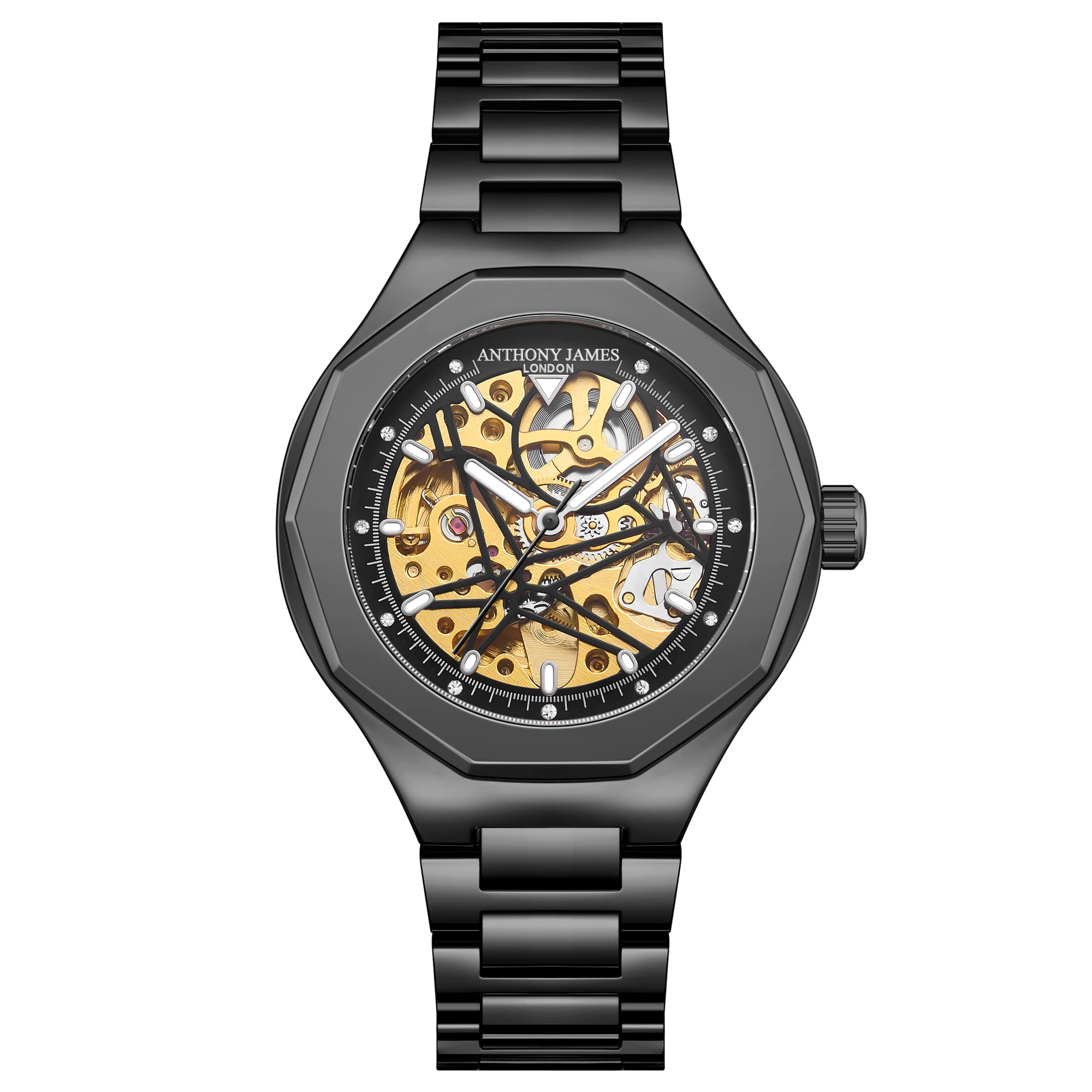 Anthony James Men's Skeleton Dial Sports Watch - Handcrafted 21 Jewel Analog Wristwatch with Geometric Bezel, Water & Scratch Resistant - Perfect for Outdoor Activities, Gym Workouts & Casual Wear