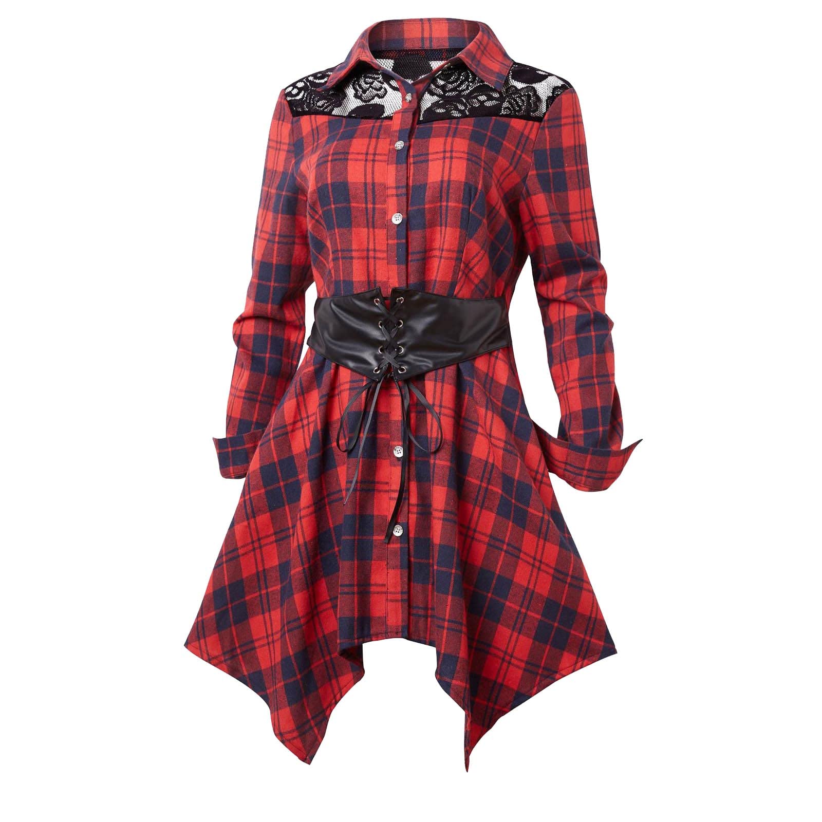 Women's Plaid Homecoming Dress - Lapel Long Sleeve Shirt Dress with High Low Hem & Button Down Gothic Style | Lace Up Striped A-Line Skirt for Party, Dance, Formal Events & Gothic Fashion Outfits