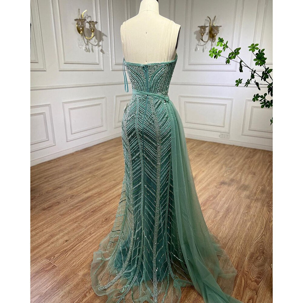 Elegant Arabic Turquoise Mermaid Evening Gown with Beaded Details & High Slit - Women's Formal Dress for Weddings, Parties & Special Occasions | Perfect for Red Carpet Events & Gala Nights