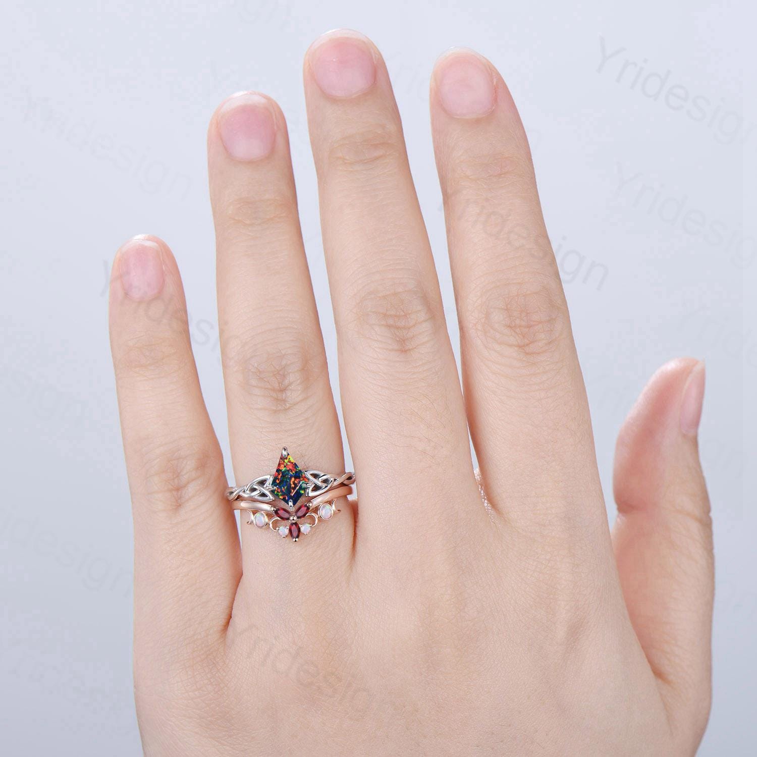 Viking Kite Cut Black Opal Engagement Ring Set - Unique Celtic Love Knot Wedding Band with Fire Opal & Ruby Accents - Vintage Twist Bridal Jewelry for Wedding, Anniversary & Romantic Gifts