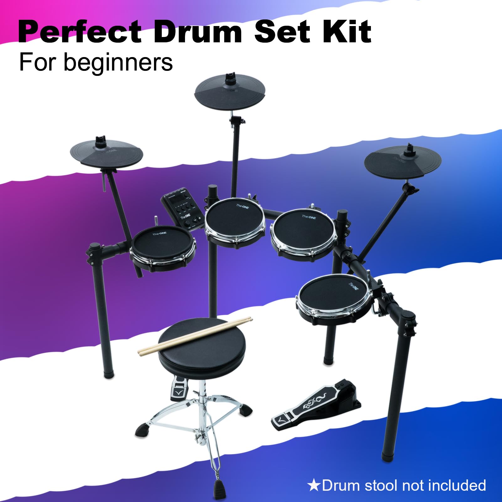 The ONE Electric Drum Kit - Professional Electronic Drum Set for Adults & Kids with 333 Sounds, 4 Mesh Pads, 2 Pedals, Headphones & Drum Sticks - Bluetooth/USB MIDI/AUX Connectivity - Perfect for Home Practice, Studio Recording & Music Education