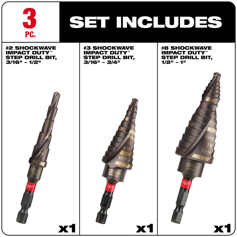 Milwaukee Titanium Shockwave Impact Duty Step Bit Kit (3-Piece) - Heavy Duty Metal Drilling for Steel, Wood & Plastic - Perfect for Construction, HVAC & DIY Projects