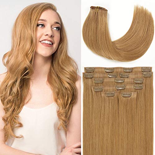Loxxy Clip-In Human Hair Extensions 100% Remy Human Hair - 7PCS 16Inch Straight Blonde #27 (110g) | Seamless & Invisible PU Weft with Clips | Natural Thick Full Head Hair Extensions for Daily Styling & Special Occasions