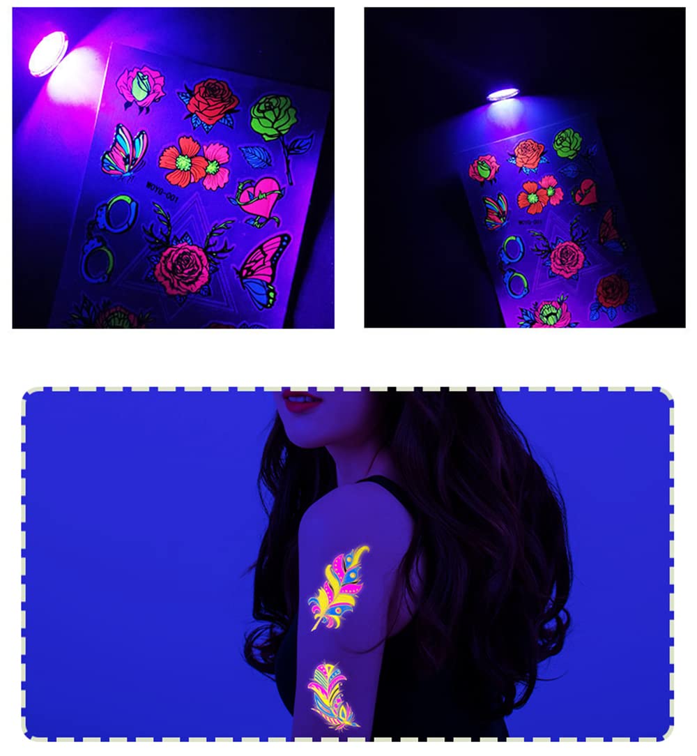 UV Glow Neon Temporary Tattoos - Lion, Tiger, Wolf & Armband Designs | Waterproof Fake Tattoo Stickers for Women, Men & Kids (21x15cm) | Perfect for Parties, Festivals & Body Art