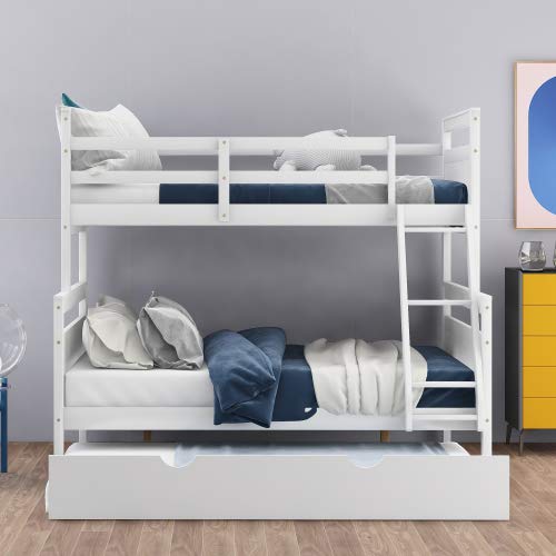Twin Over Full Bunk Bed with Twin Trundle - Solid Wood Loft Bed Frame with Slanted Ladder & Full-Length Guardrail - Converts to 2 Separate Beds - Ideal for Kids, Teens & Small Bedrooms - Perfect for Shared Rooms, Sleepovers & Space-Saving Solutions - White