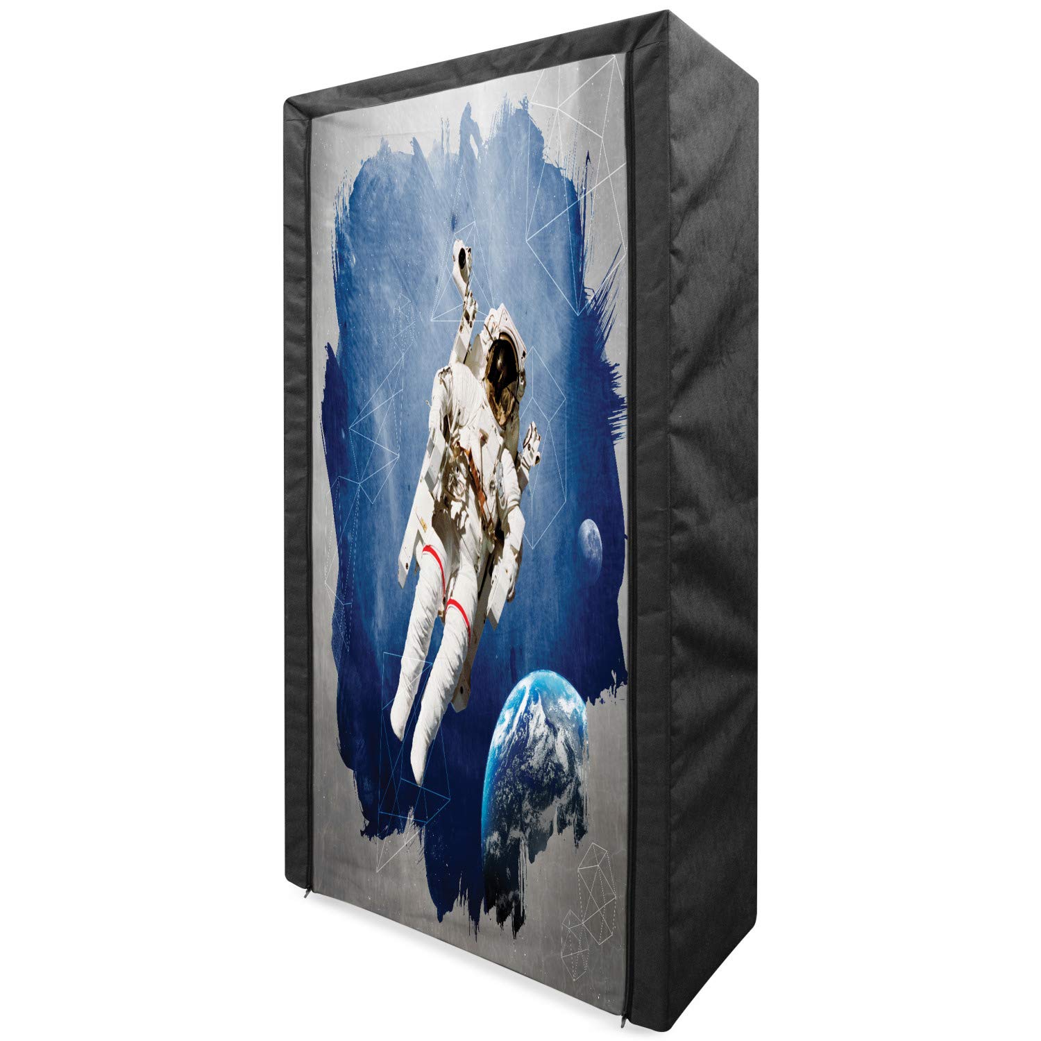 Ambesonne Galaxy Portable Fabric Wardrobe - Space Astronaut & Planet Earth Geometric Watercolor Print Closet Organizer with Shelves, 33.5 Inch, Blue Grey - Perfect for Bedroom, Dorm, Apartment & Small Space Storage Solutions