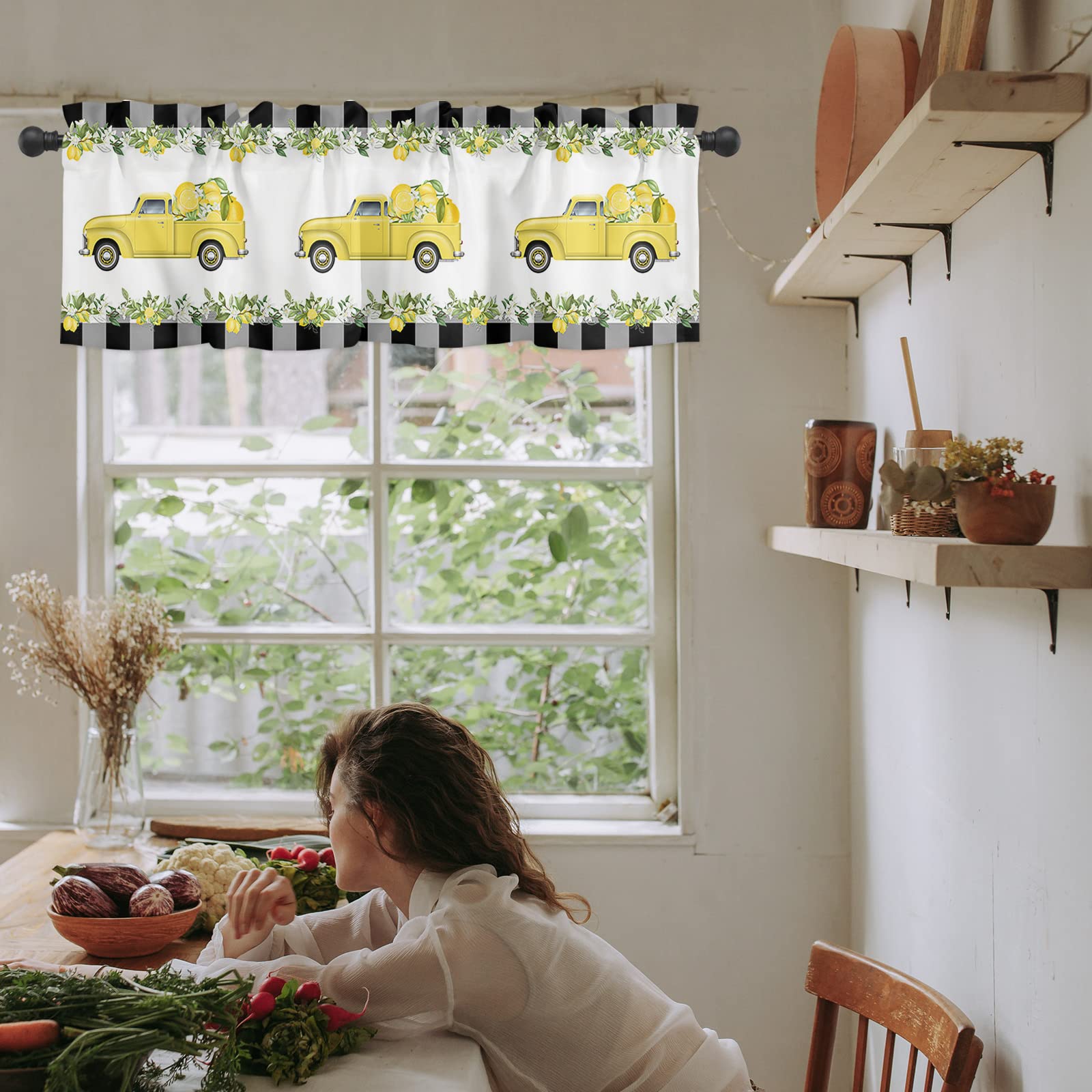 Lemon Floral Fruit Yellow Truck Kitchen Valances - Farmhouse Buffalo Check Window Treatment with Rod Pocket - 1 Panel (54x18 inches) - Perfect for Kitchen, Living Room & Bedroom Decor