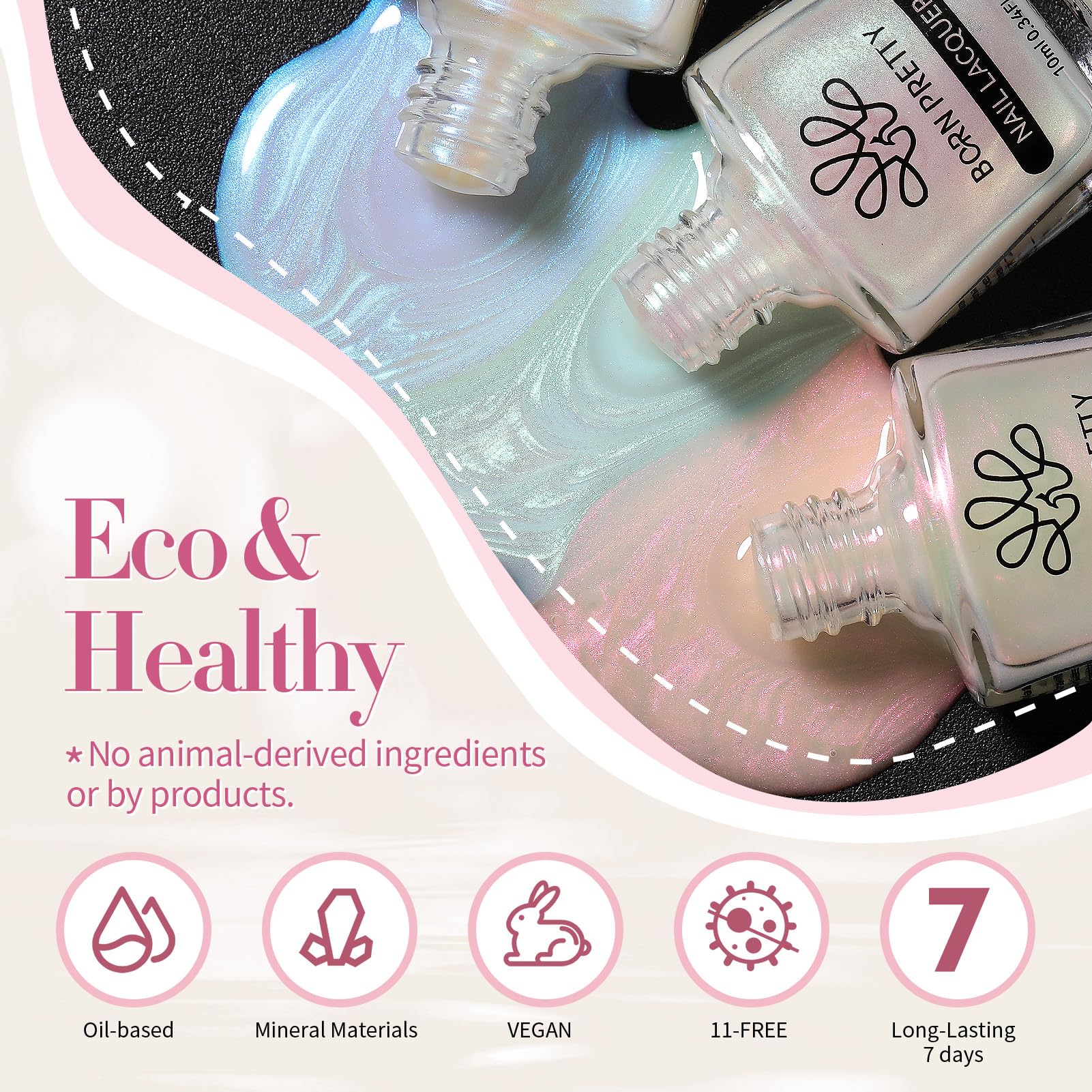 Born Pretty Pearl Nail Polish Set - 5 Colors Transparent Shell Glimmer Shimmer Sheer Jelly Nail Varnish with Base & Top Coat | Manicure, Nail Art, French Tips, Pedicure, Salon & Home Use