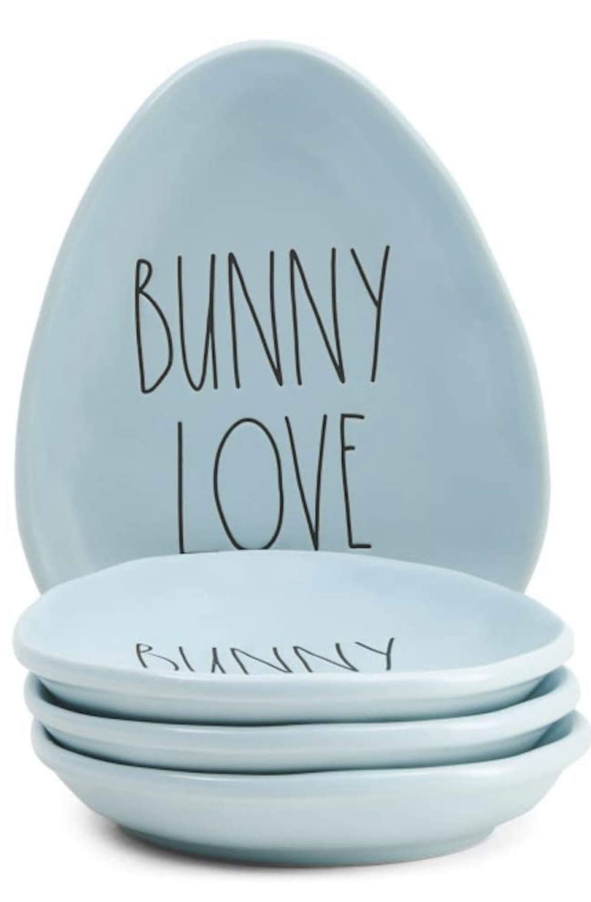 Rae Dunn Set of 4 Egg Shaped Snack Plates - Blue Bunny Love Design - Perfect for Easter, Spring Parties & Home Decor