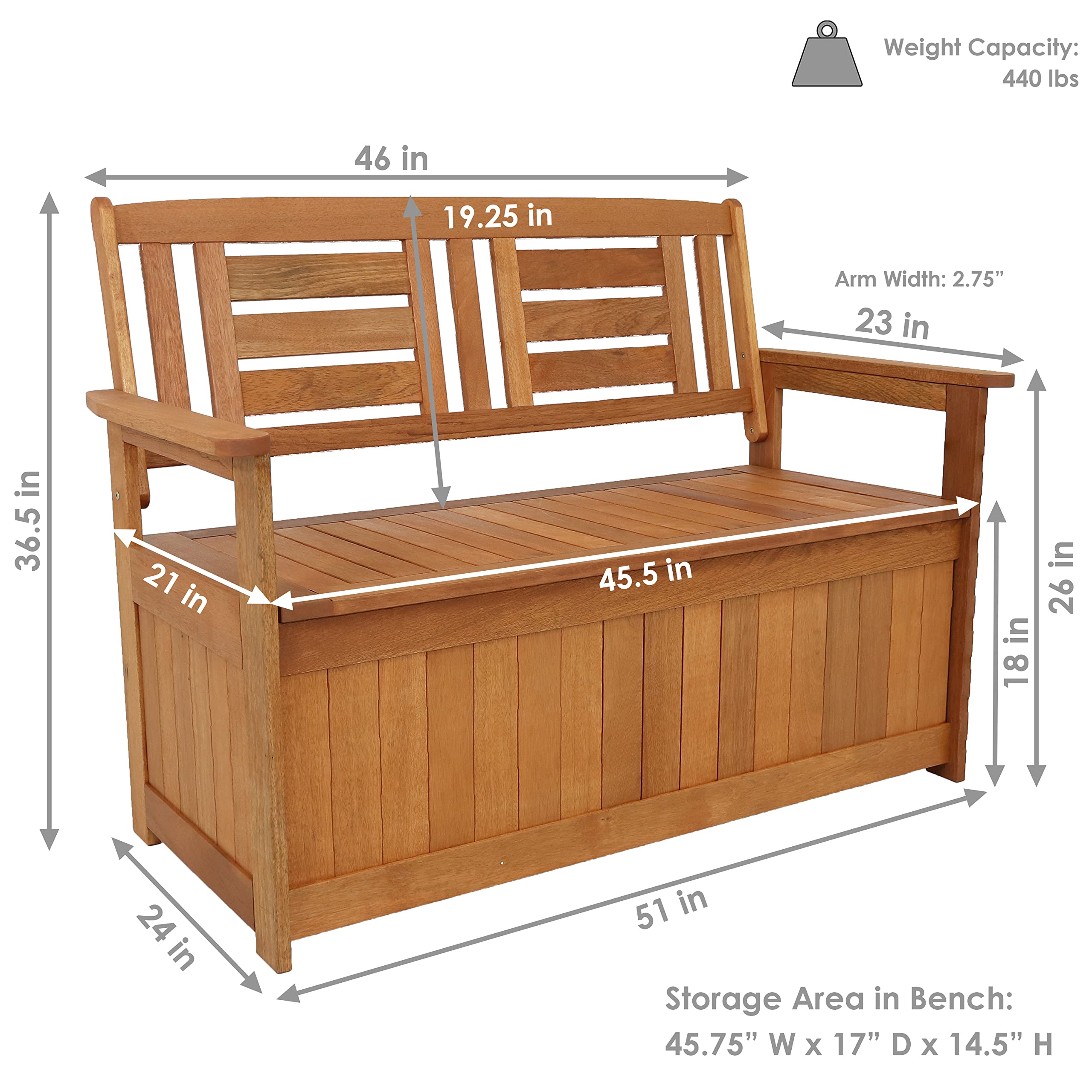 51-Inch Meranti Wood Outdoor Storage Bench with Teak Oil Finish - Weatherproof Patio Furniture for Garden, Deck, and Backyard Seating & Storage
