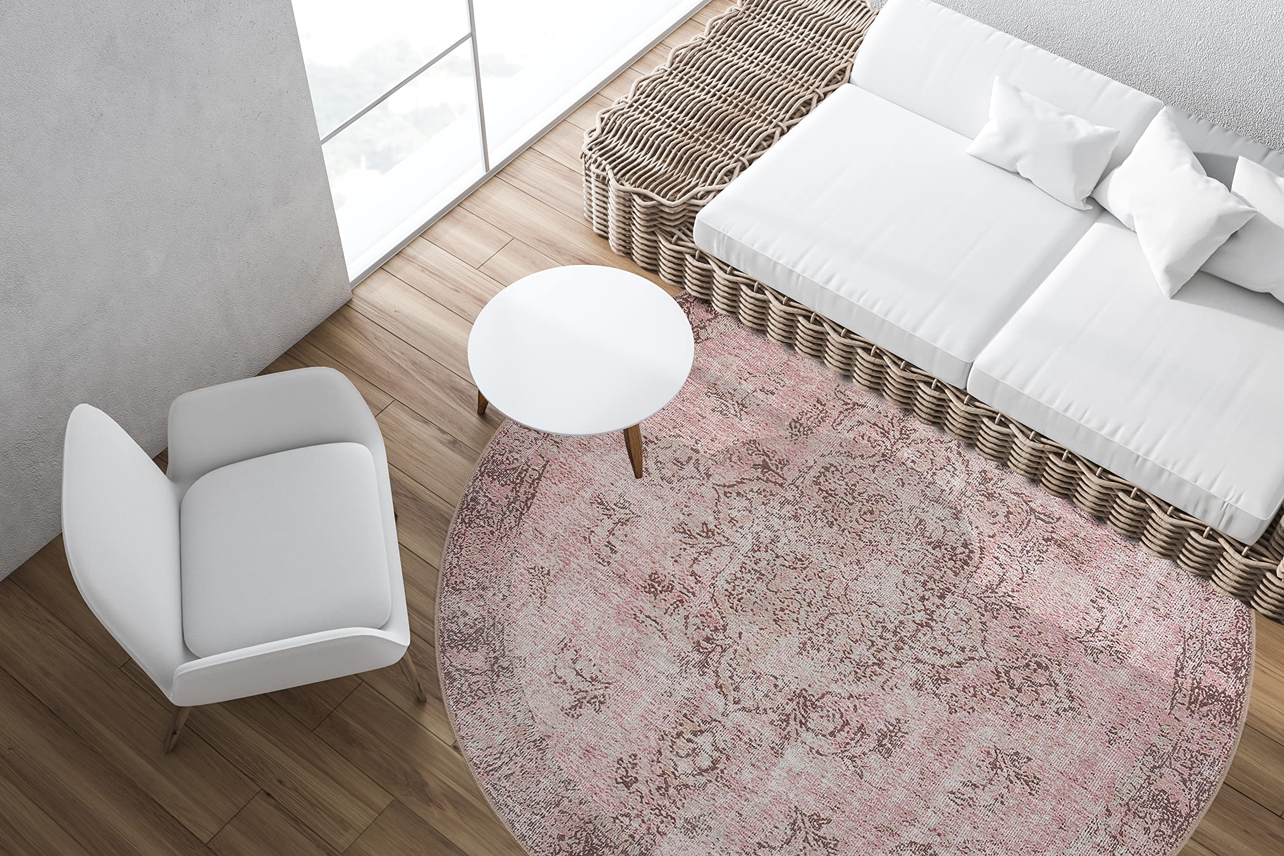 Adiva Rugs Machine Washable Waterproof & Stain Resistant Round Area Rug - Soft Non-Slip Floor Carpet for Living Room, Bedroom, Nursery, Dorm Decor (Pink, 8' Round) - Perfect for High Traffic Areas & Pet-Friendly Homes