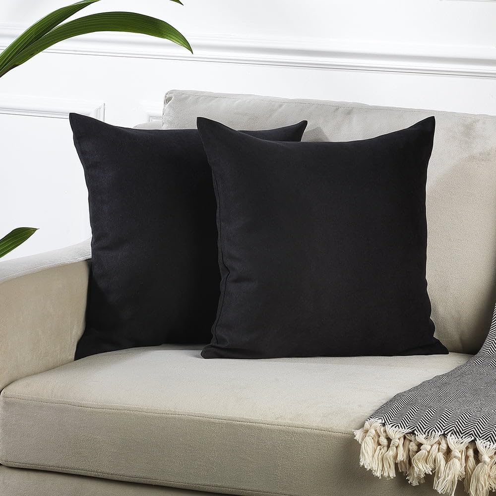 Velvet Look Solid Color Cushion Cover Set of 2 - 12x12 Inch Black Throw Pillow Cases with Hidden Zipper for Sofa, Chair, Bedroom & Living Room Decor | Perfect for Cozy Home Styling and Comfort