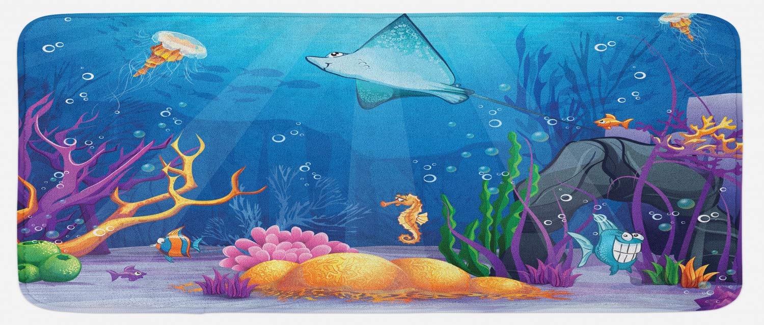 Ambesonne Non-Slip Kitchen Mat - Ocean Theme with Sealife, Fish, Shells, Bubbles & Sunbeams Cartoon Print - Plush Decorative Rug for Kitchen, Bathroom, Entryway - 47